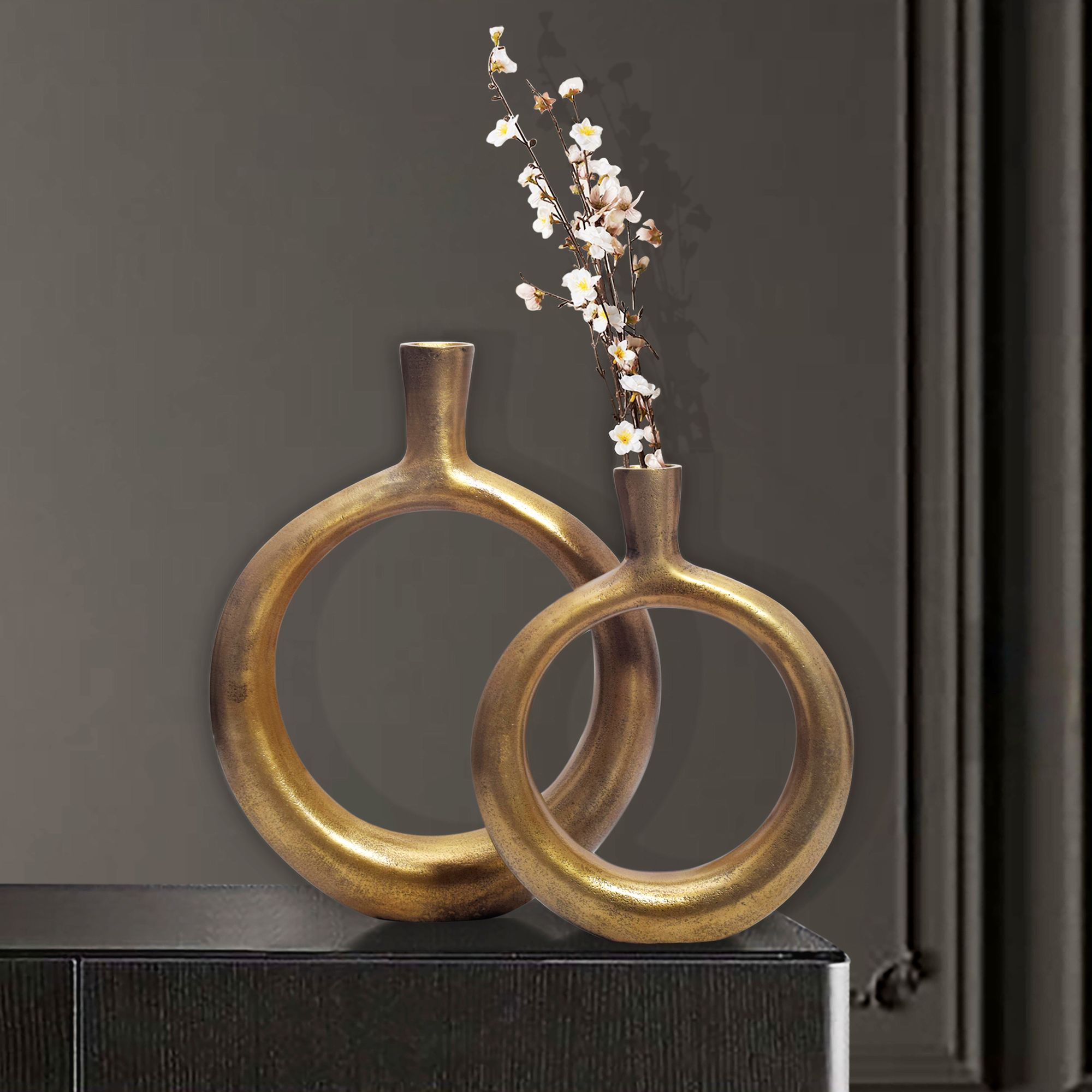 Decorative Vase Set Of 2, Aluminum Donut Flower Vase, Modern Round Decorative Vase, 2-piece Set For Flowers, Aluminum Table Vase, Handcrafted Home Decor, Table Decor