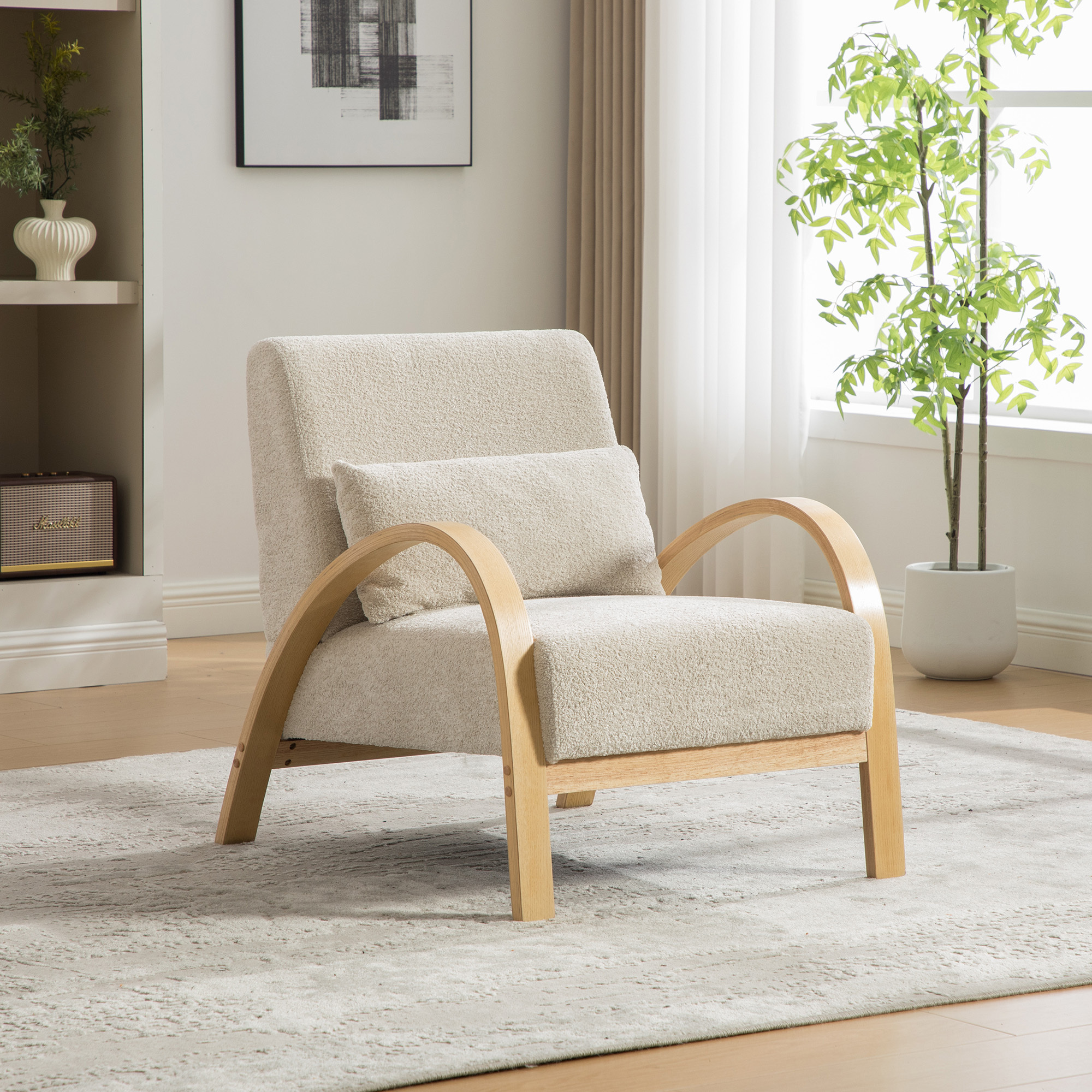 Image of Scandinavian Chair - Soft Chenille Fabric And Stable Wooden Frame, Ideal For Living Room & Bedroom - Beige