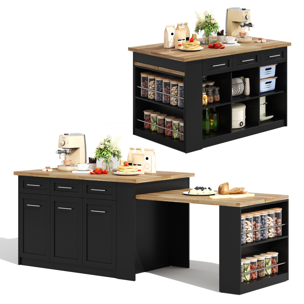 Image of Practical Kitchen Island, Kitchen Counter, Storage Counter, Extendable Dining Table, Wood Composite Worktop, Black Cabinet Body, Adjustable Shelves In Cabinets, Ideal For Social Gatherings