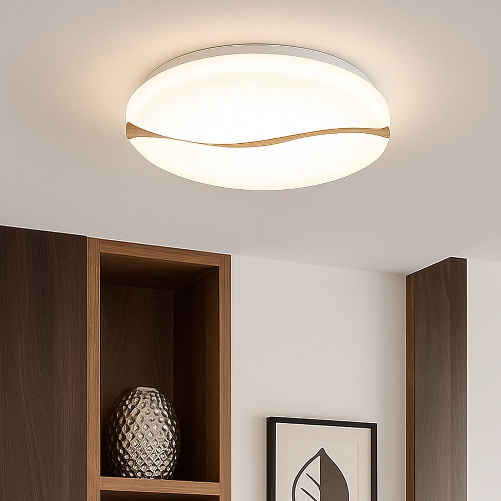 Image of Ceiling Light, Living Room Lamp, Round Wooden Light Fixture With Cct Daylight, Metal, Wood, Plastic, Brown Opal White, 1x Led 24w 1850lm Warm White-cold White, Dxh 39x8 Cm, Model 41790