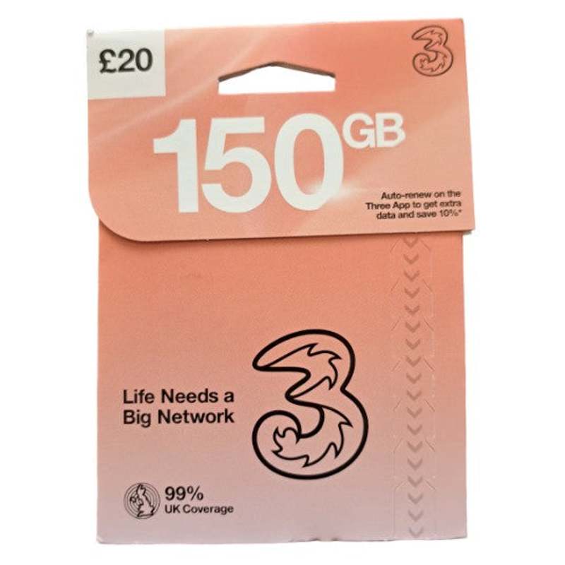 Three UK SIM Card, Preloaded Plan