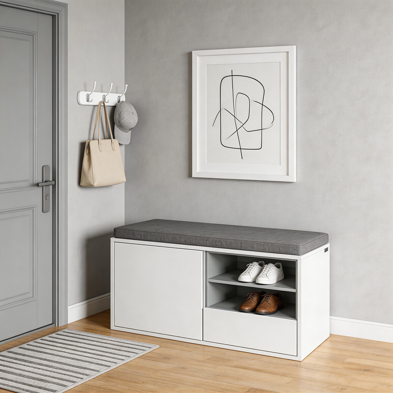 Image of Shoe Rack With Padded Cushion, Drawer, And Shelves - L80xh46xd35cm - Gts48-x