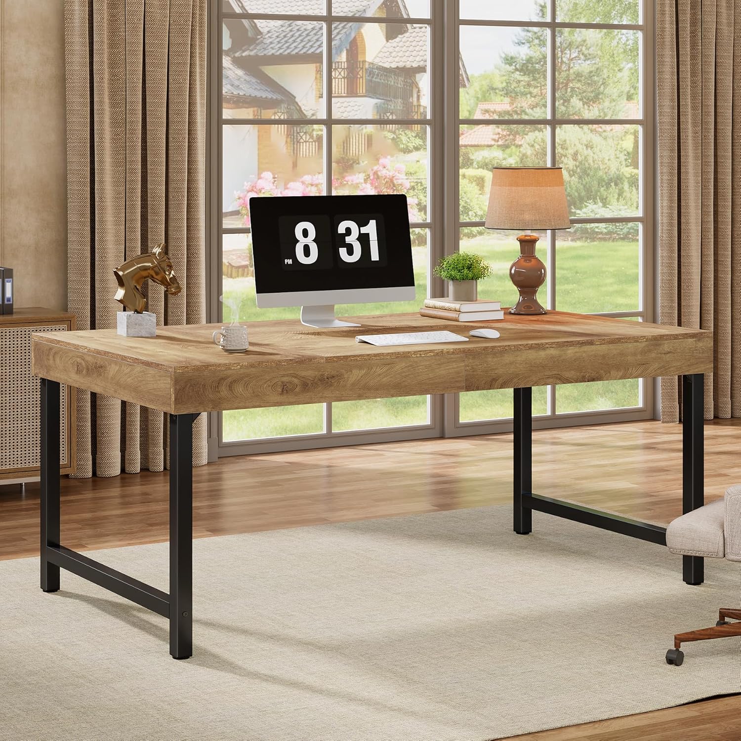 140 Cm Industrial For Home Office, Rustic Simple Computer Laptop Desk With Strong Metal Legs, Farmhouse Study Writing Table Business Workstation, Small Conference Table