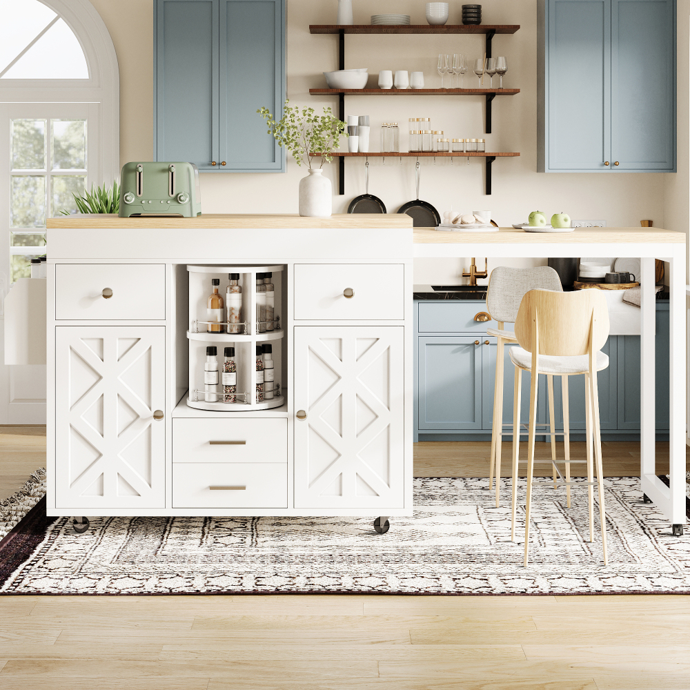 Image of Extendable Table 60 Cm - With Wheels, 3 Shelves, 360° Organizer, 4 Drawers - For Kitchen & Dining Room & Balcony