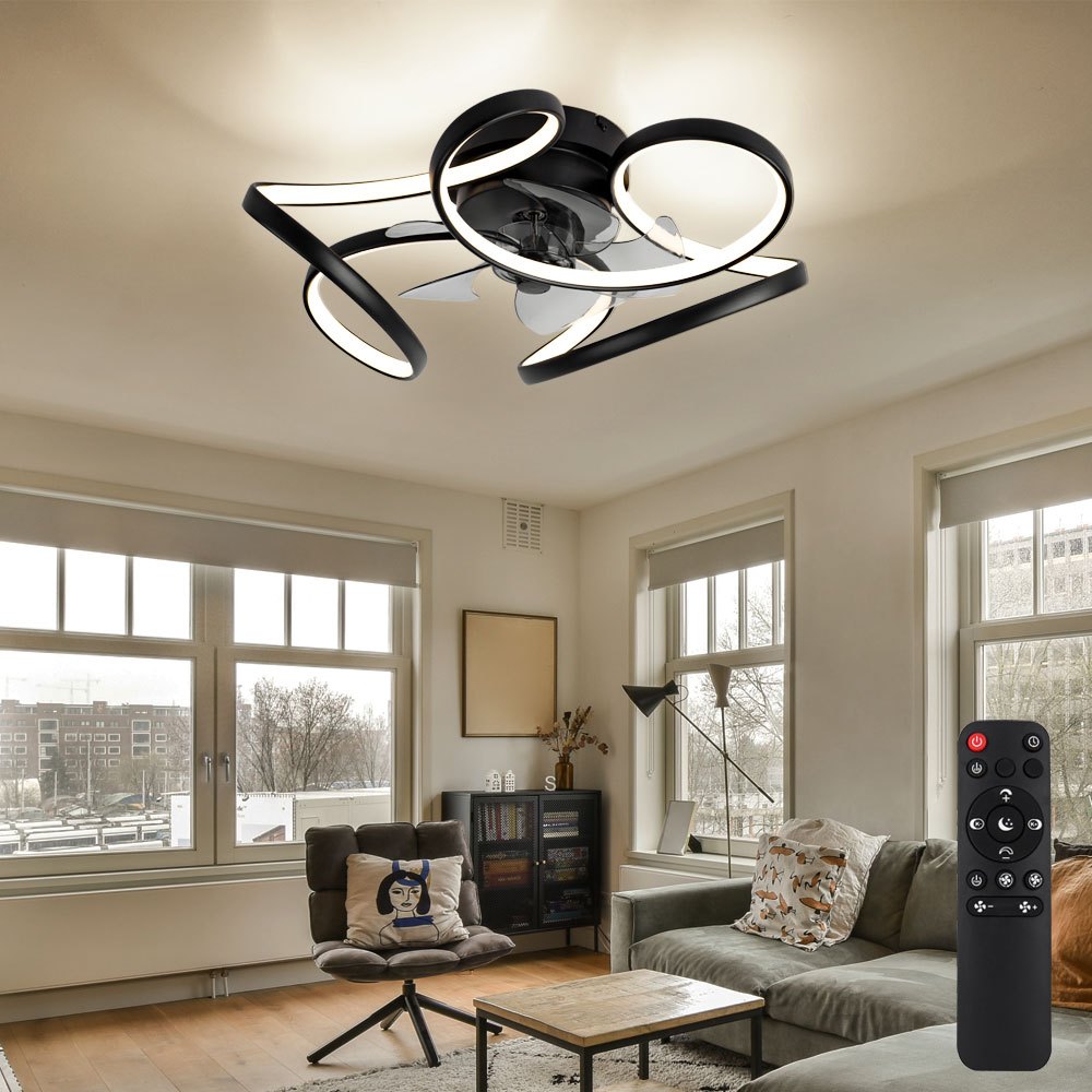 Image of Black Ceiling Lamp With Ventilator Living Room Light Dimmer Room Cooler Led Remote Control Fan, Metal, Led 30w 2200lm 3000-6000k, Dxh 56x21cm