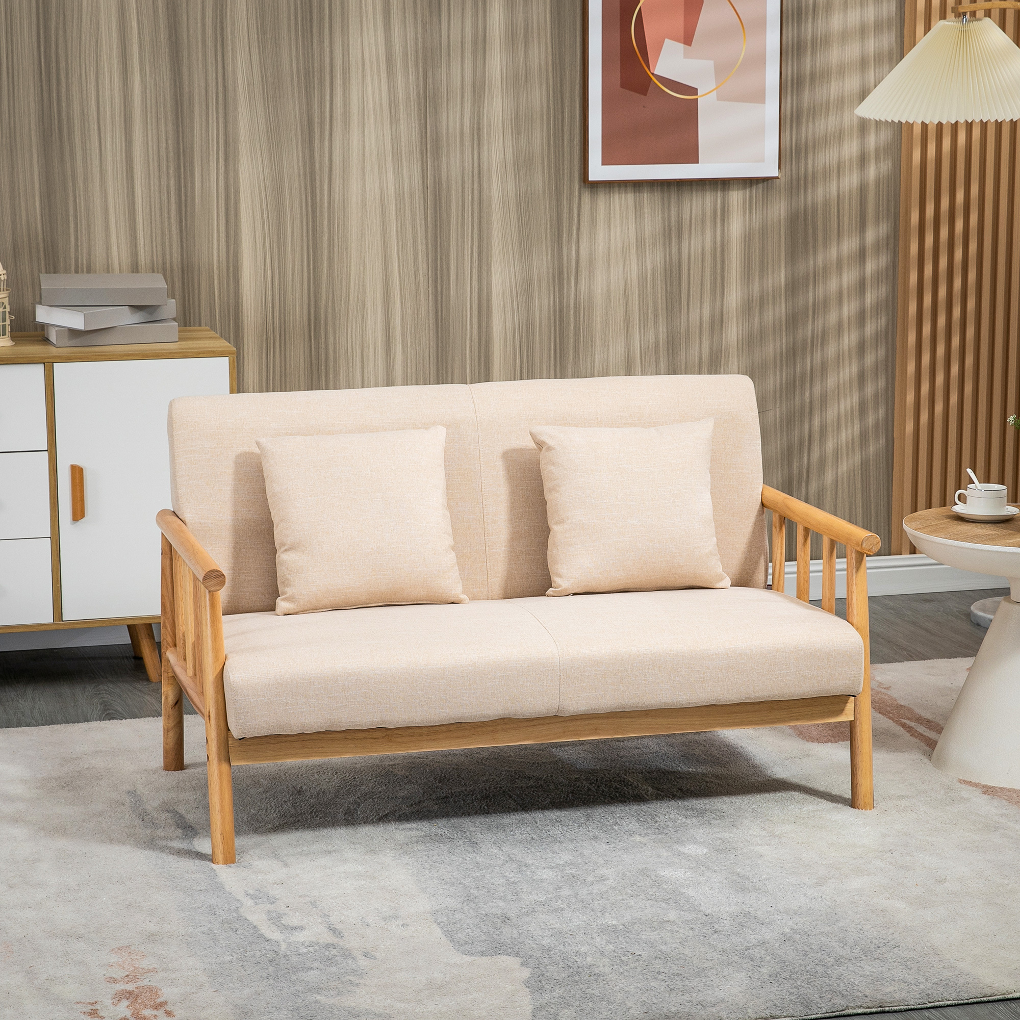 2-seater Sofa, Couch With 2 Lumbar Pillows, Upholstered Sofa With Wooden Frame, Linen Look, Modern Double Sofa For Small Spaces, Living Room, Bedroom, Beige