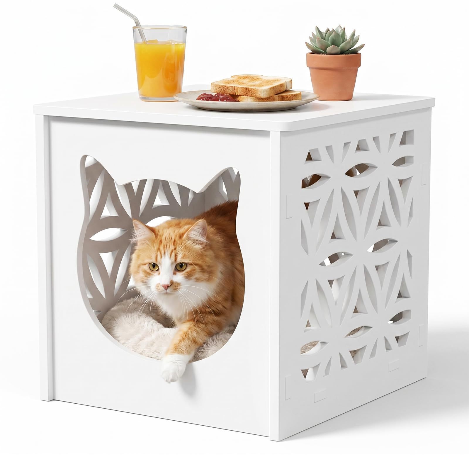 Image of Cat House Side Table Made Of Pvc, Nightstand With Cat Hideaway, Space- For Indoor & Outdoor, 39.5x39.5x39.5 Cm, White