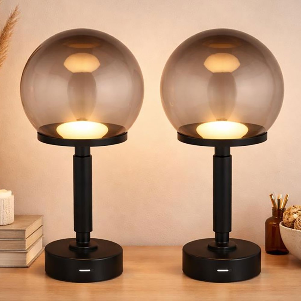 Table Lamp Mushroom Black Smoke Table Lamp Touch Dimmer Battery Side Lamp Mushroom Lamp, Usb-c, Led 1w 18lm Warm White, Dxh 15x31.5 Cm, 2pcs Set