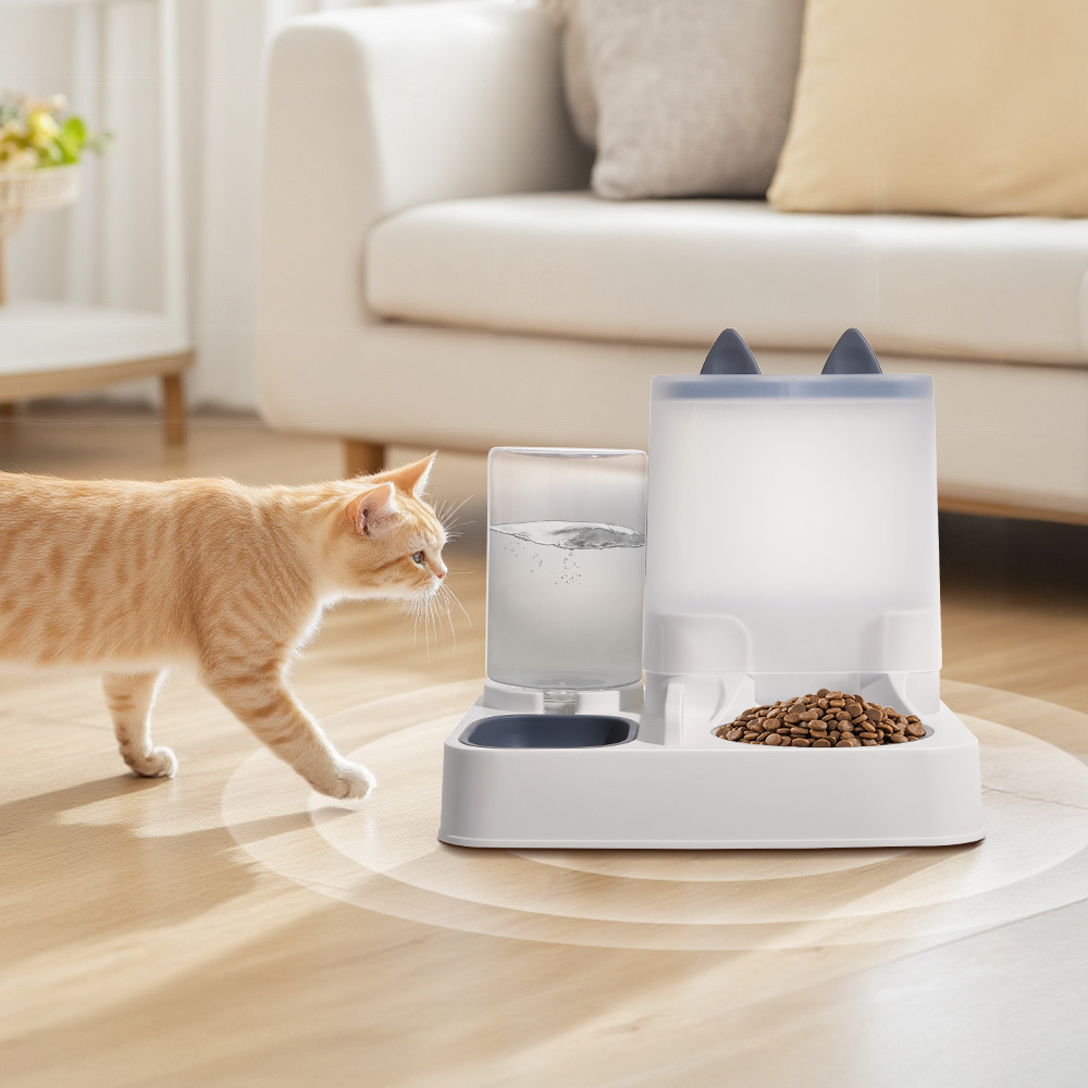 2-In-1 Cat Drinking Station Pet Feeder Cat Water and Food Dispenser Cat Feeding Bowls Double Dog Food Bowl Non-Slip Pet Bowl Gray 29x24x26cm