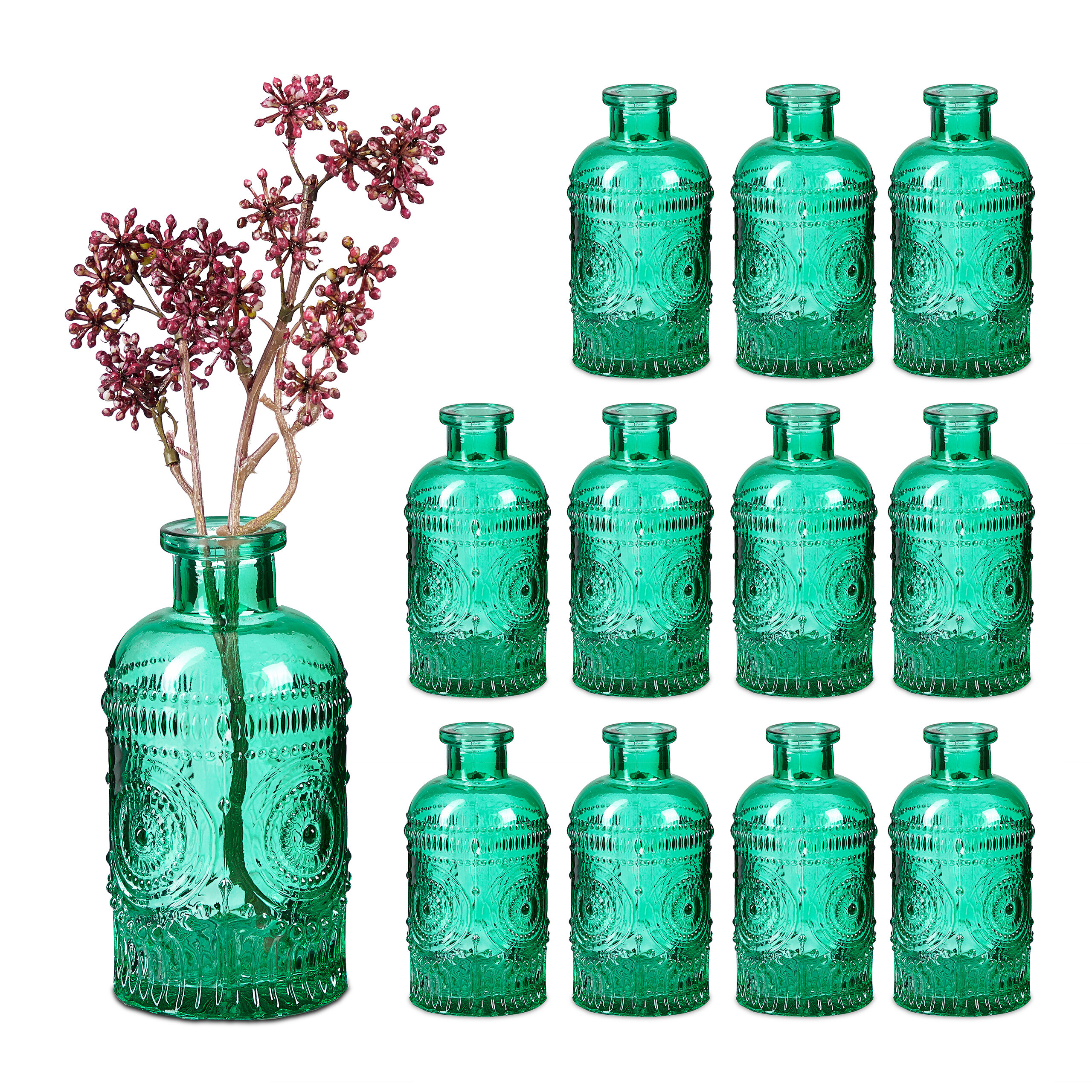 12 X Green Glass Vase - (h)13 X Ø 6 Cm