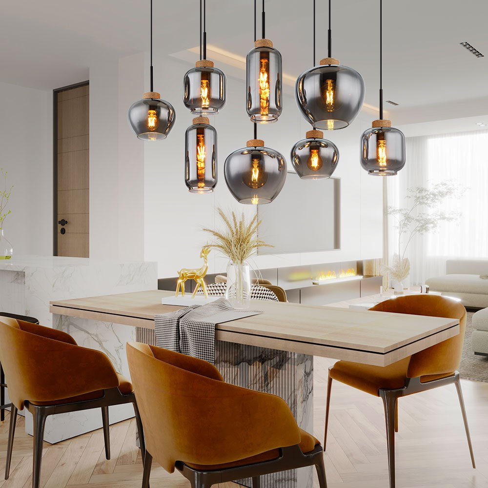 Image of Pendant Lamp, 8-light Retro Smoked Glass Metal Brown Dining Table Chandelier, 8x E27 Sockets, Lxwxh 105x40x120cm