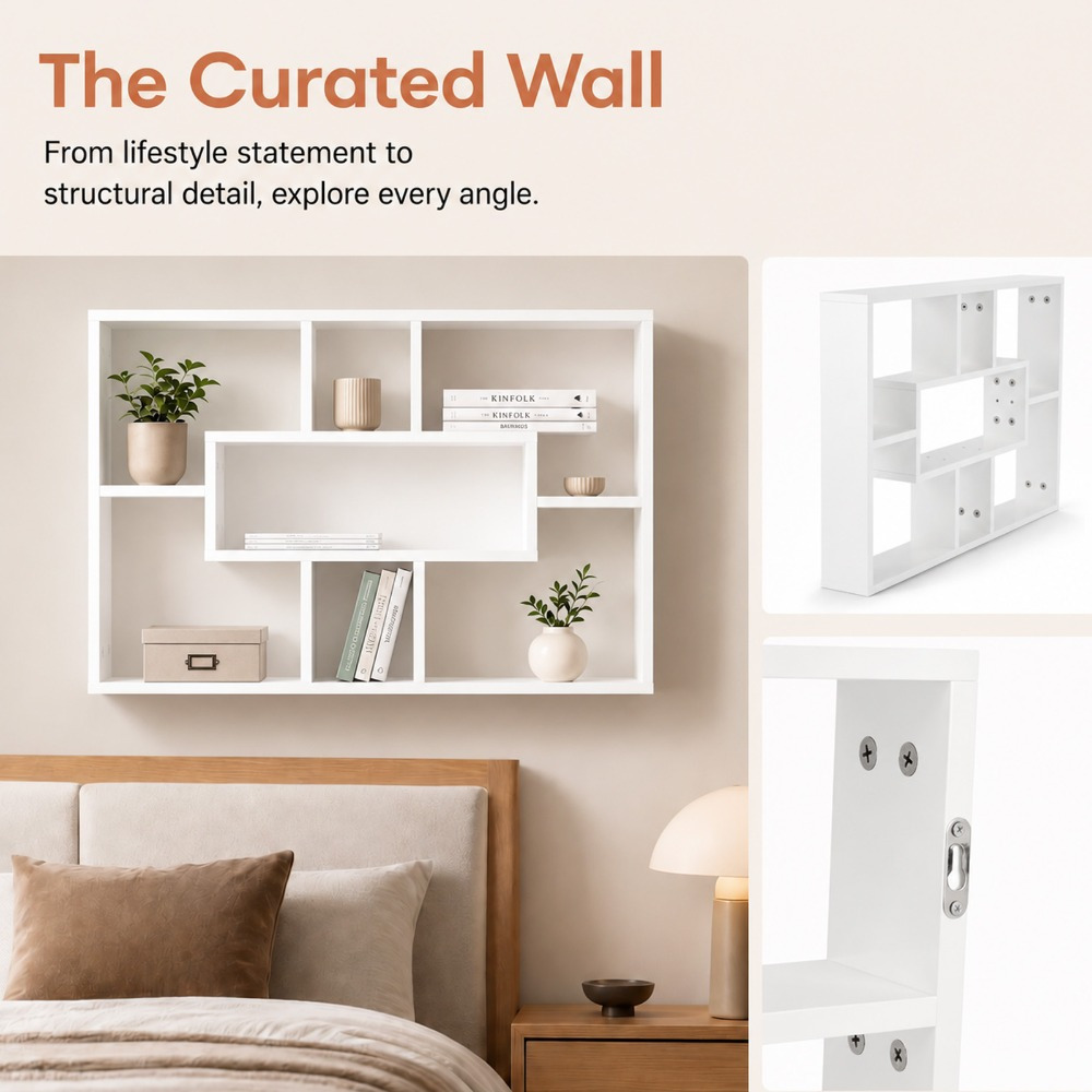 White Wall Mounted Floating Shelf with Compartments for Multi-Storage