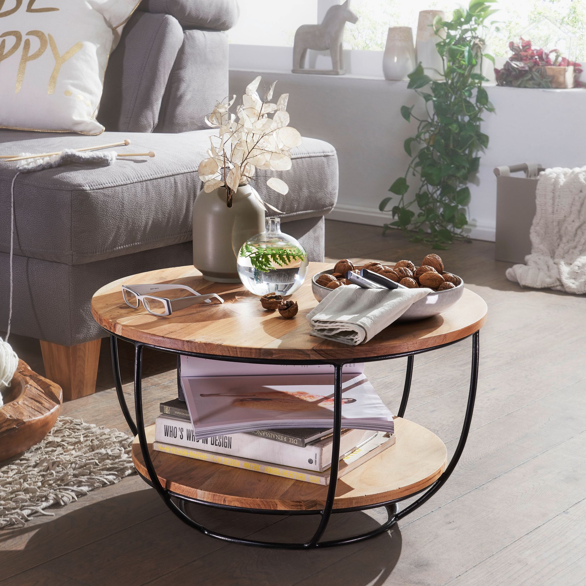 Coffee Table 60x34.5x60 Cm Acacia Solid Wood / Metal Sofa Table, Design Living Room Table Round, Industrial Brown, Table With Storage