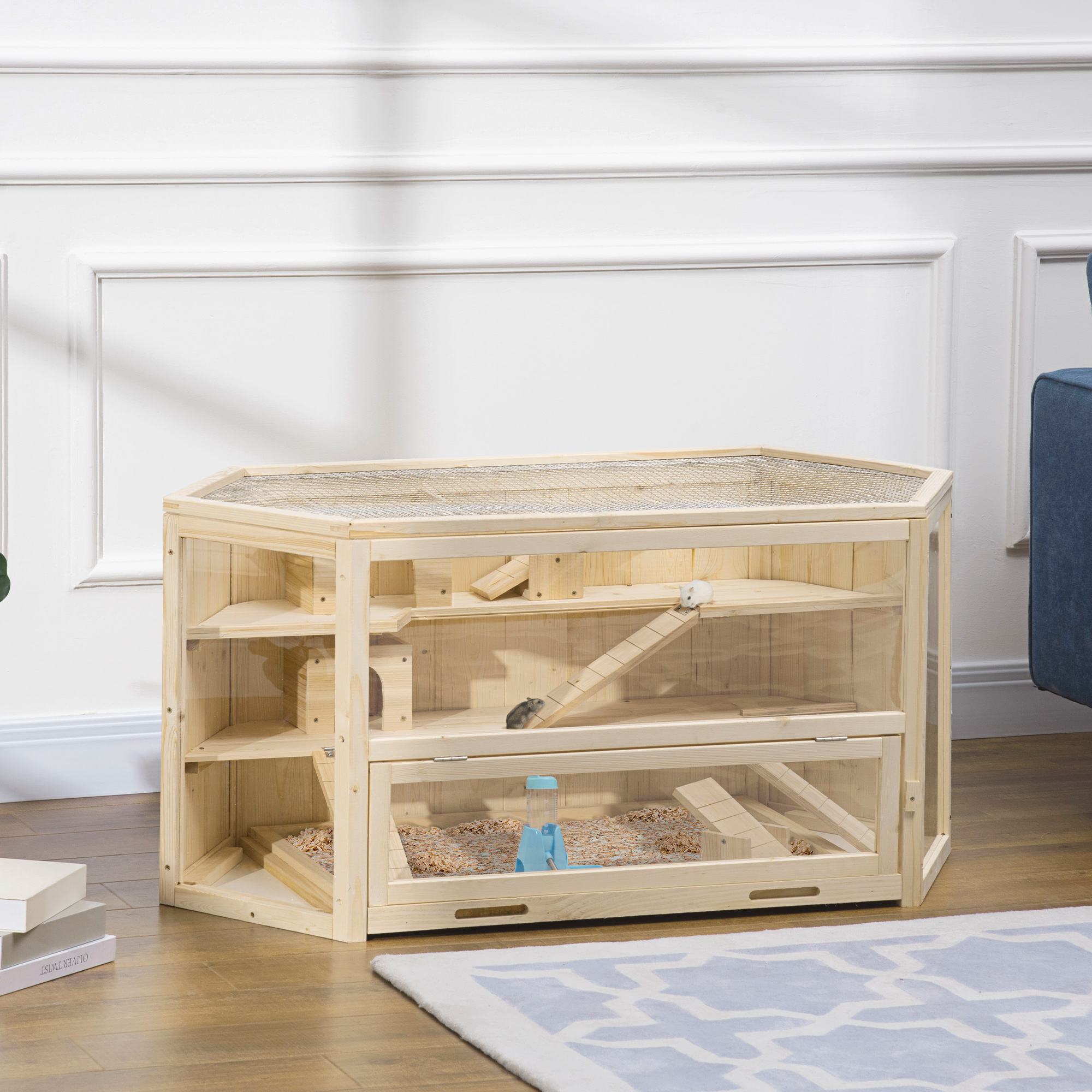 Small Animal Cage, Rodent Cage With Ramp, , Top-opening Cage Removable Tray Made Of Pine Wood, Natural, 115 X 60 X 55 Cm