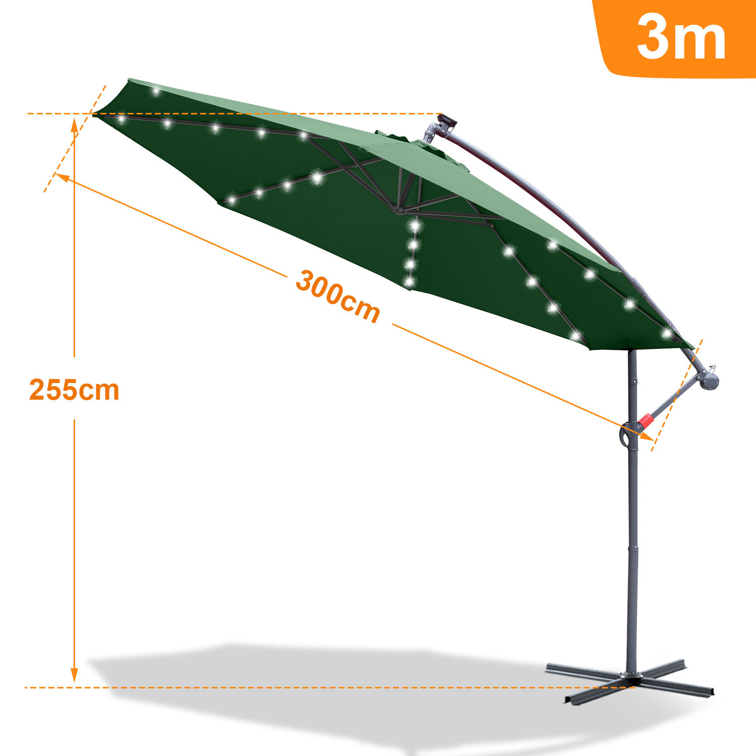 Parasol, parasol cantilever, avec support et lumière, protection solaire, protection UV jusqu'à UV30+, ouverture et fermeture faciles, pour jardin, terrasse, 300 cm