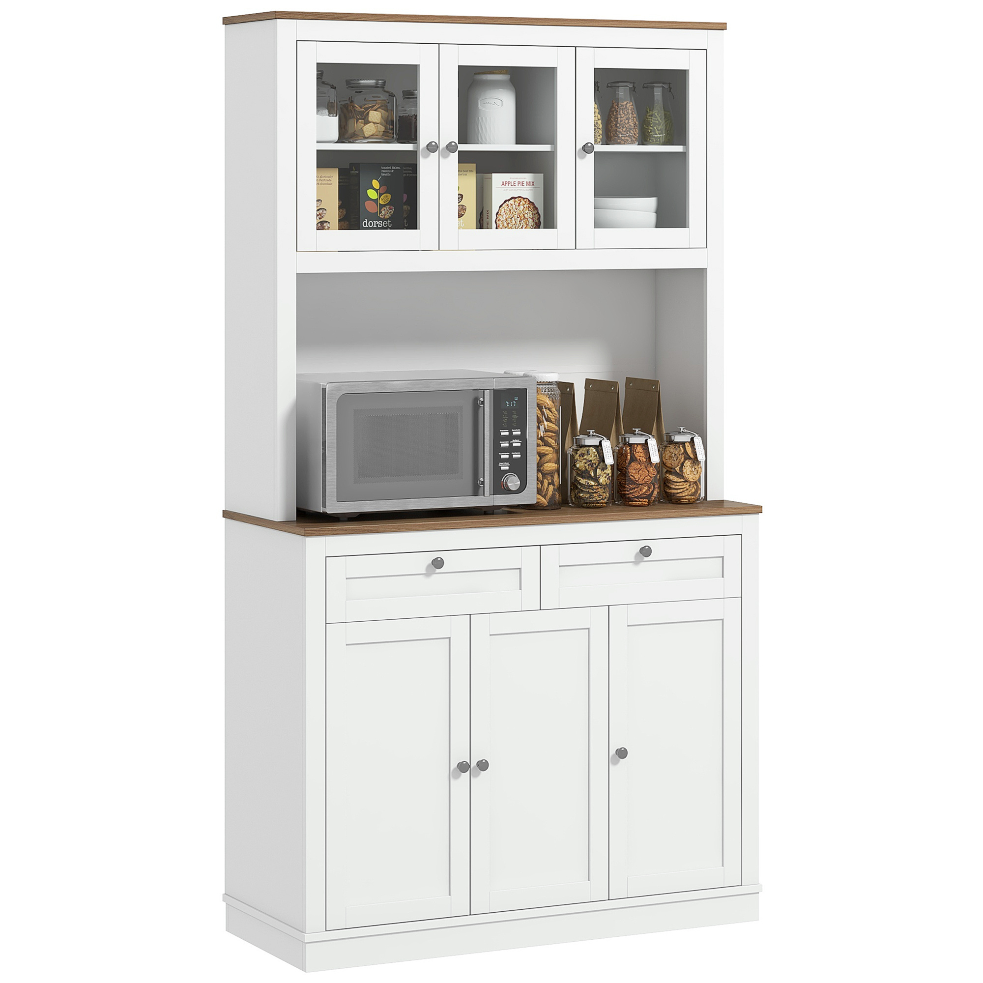 TEMU HOMCOM Alacena de Cocina Mueble Auxiliar de Cocina Armario de Cocina Puertas de Vidrio Compartimento Abierto 2 Cajones y Estantes Ajustables