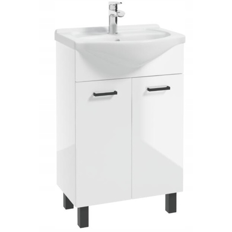 Bathroom Cabinet With Sink, 55 Cm, Freestanding, White Gloss, On Legs, Mea