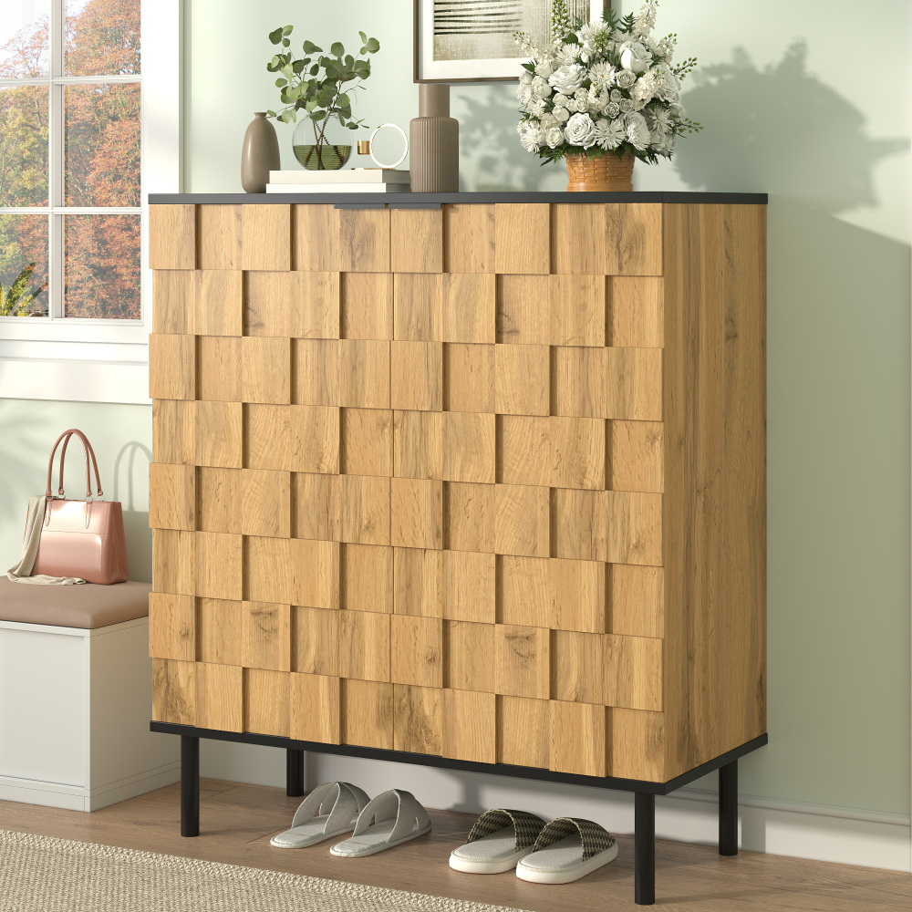 Image of Mosaic Shoe Cabinet, 2-door Shoe Rack, Storage Cabinet For Hallway, Wood Optic, Chipboard, Metal Feet, Height-adjustable Shelves
