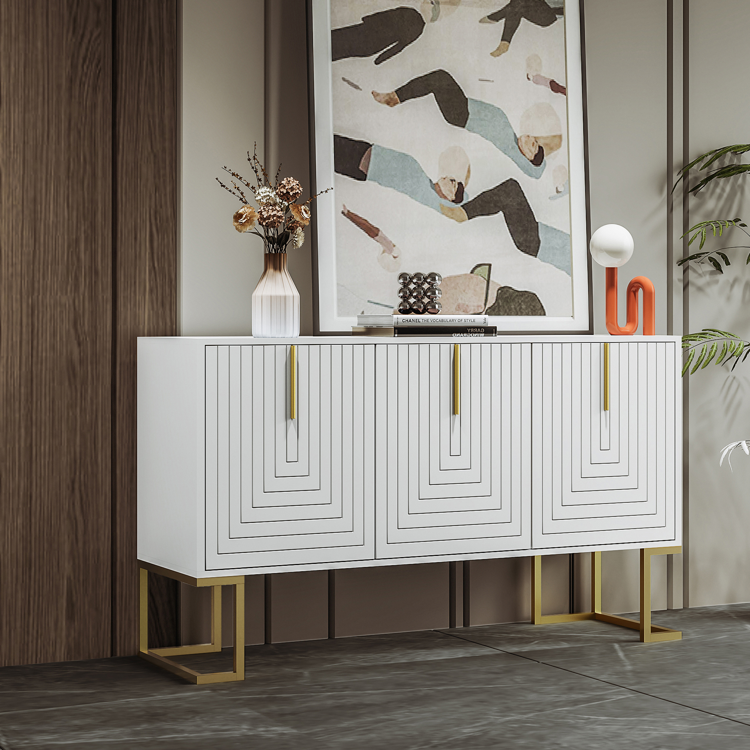 Image of Modern 3-door Sideboard With Adjustable Shelves, U-shaped Cabinet Doors And Metal Handles And Pedestal For Dining Room And Kitchen (white)