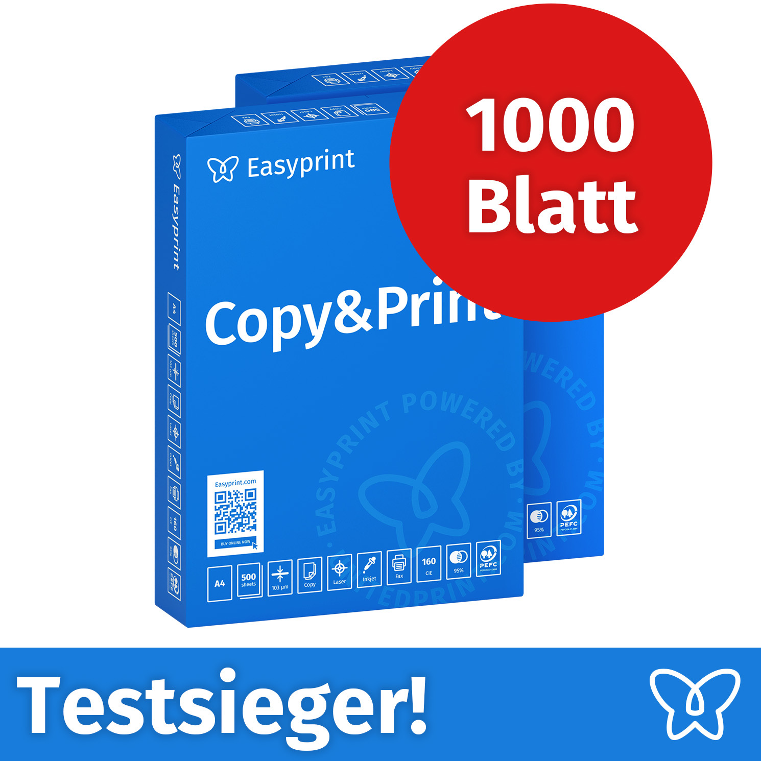 Image of Easyprint Printer Paper Copier Paper 1000 Sheets 2 X 500 A4 -white Cie 160 Certified