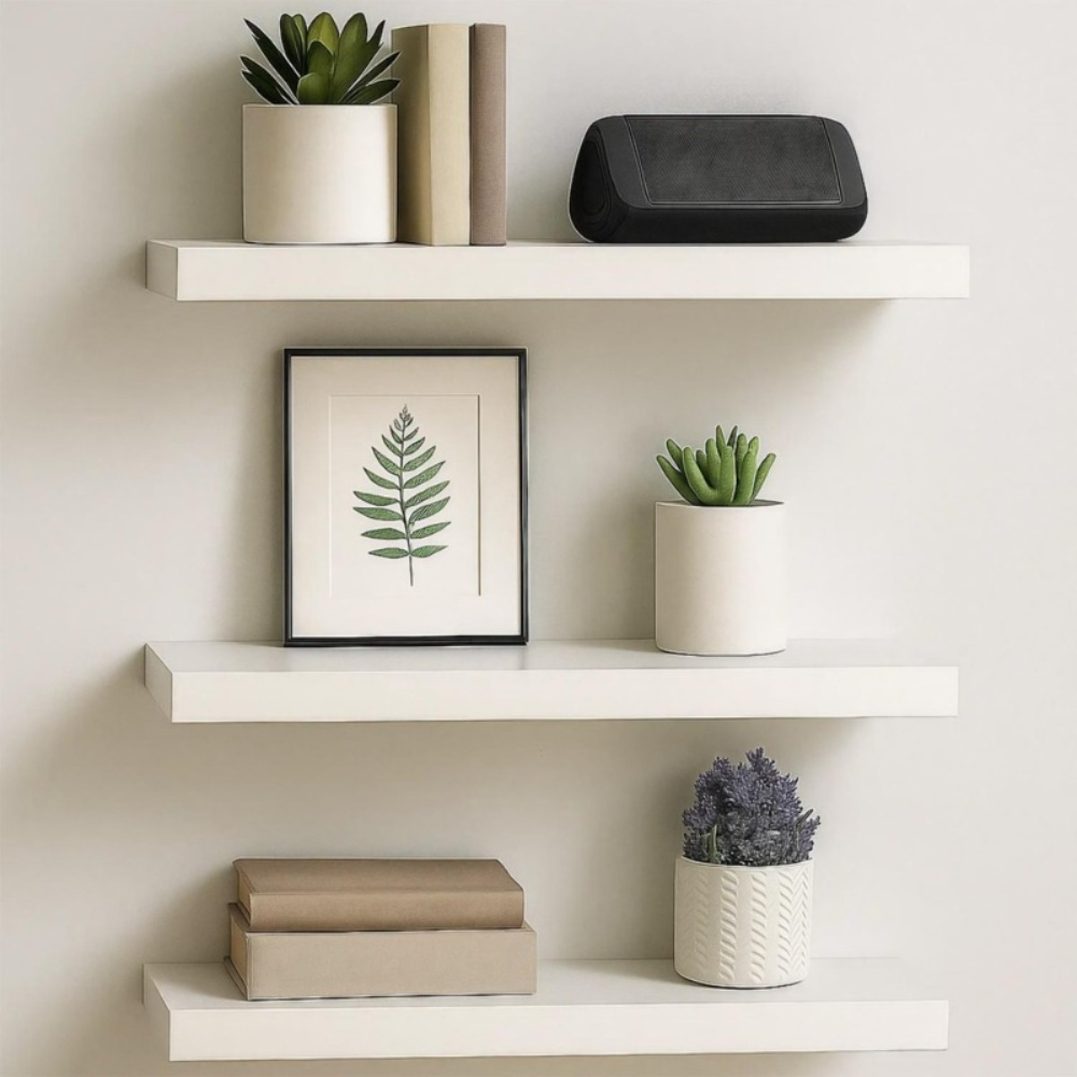 Image of Floating Wall Shelves Set Of 3, White, 40 Cm, Modern Wooden Shelves With Hidden Brackets, Decorative Boards For Living Room, Bedroom, Kitchen, Bathroom