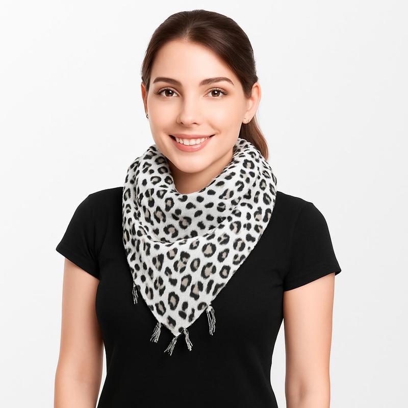 Image of Women's Leopard Print Scarf With Fringes, White And Black, Look, Animal Print