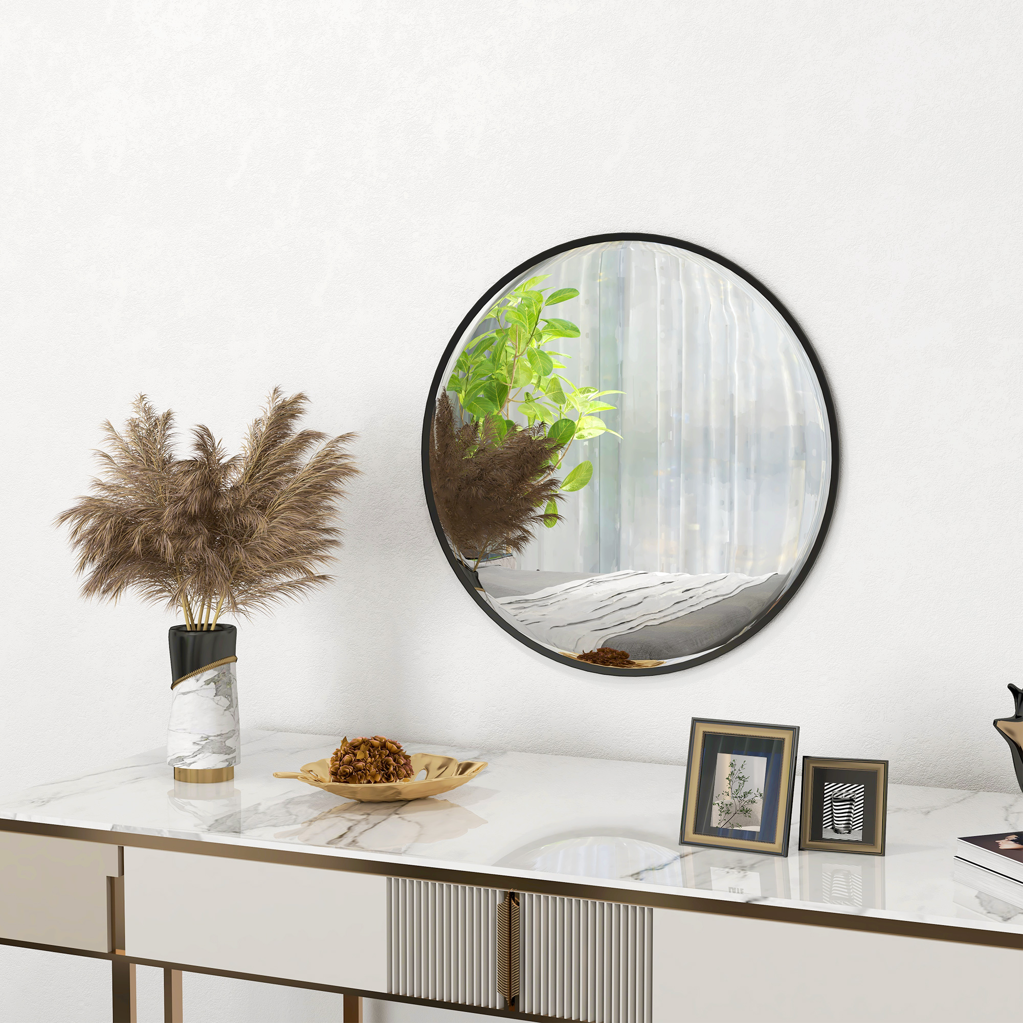 Homcom Wall Mirror, 60 X 60 Cm Round Bathroom Mirror With Aluminum Alloy Frame, Decorative Mirror For Bathroom, Living Room, Bedroom, Black