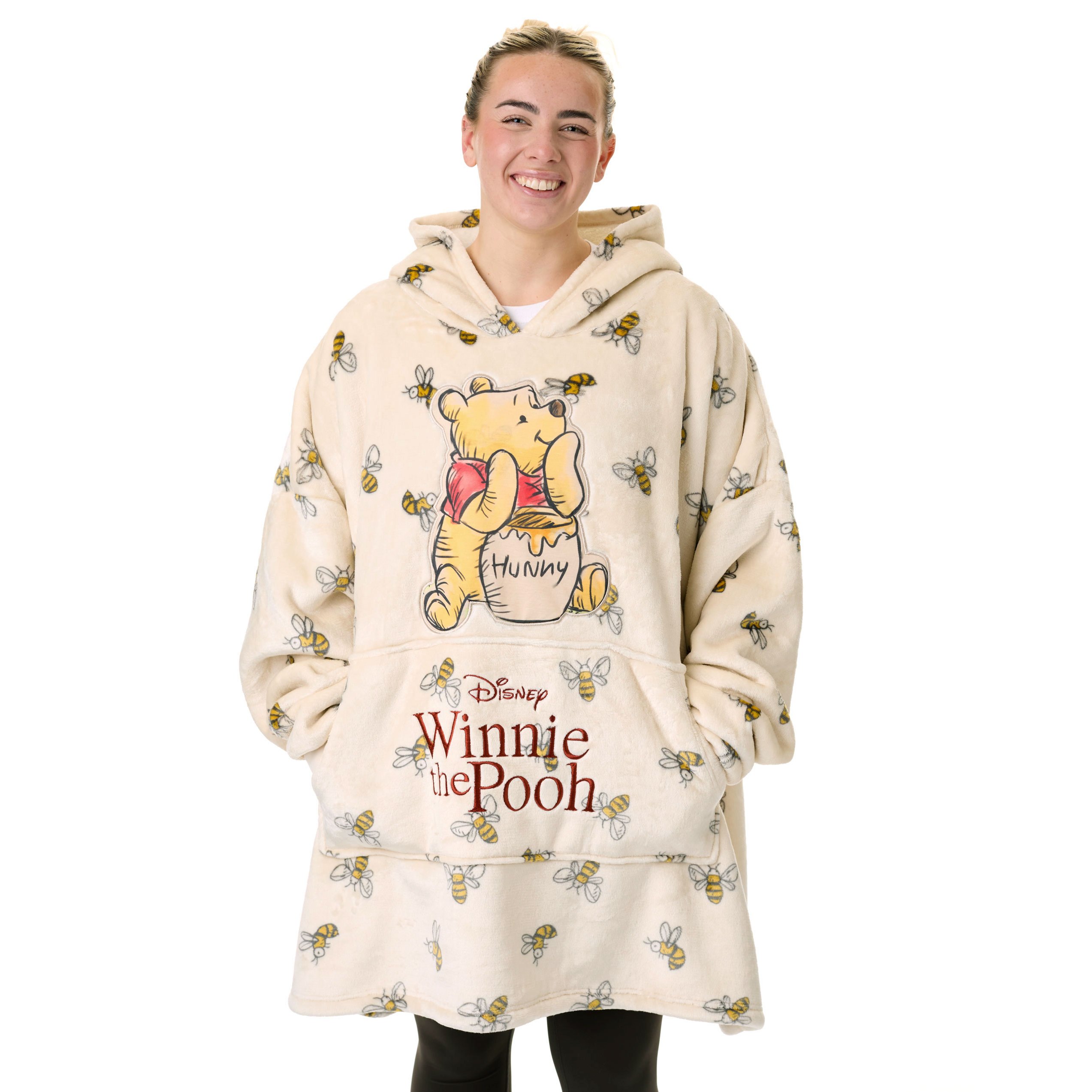 TEMU Winnie The Pooh Womens Wearable Blanket Hoodie | Adults Beige Hooded Pullover With Teddy Bear Character And Bumble | Ladies Sherpa Lined