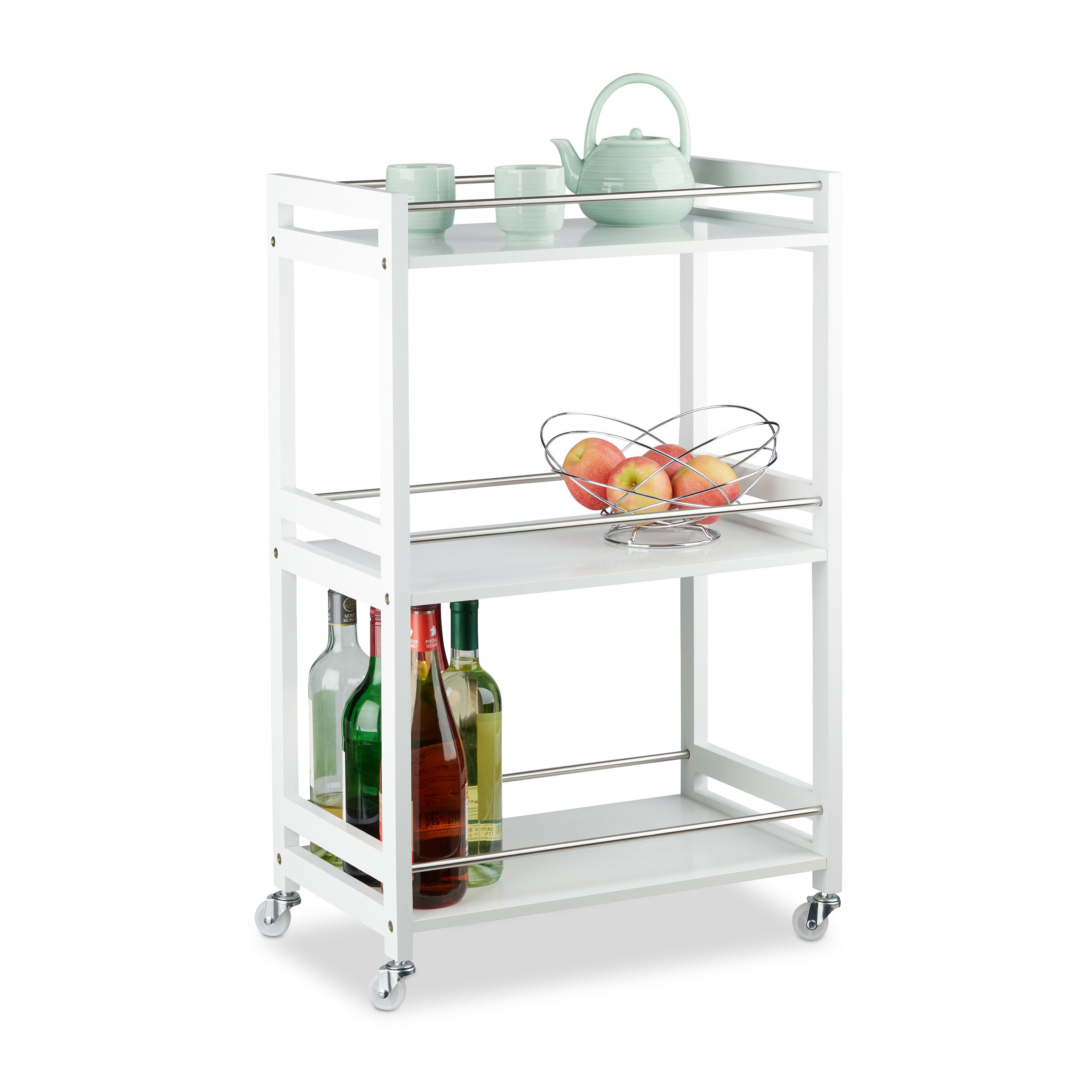 TEMU 3-tier Food Cart, 80.5 X 51 X 30 Cm, White, Bamboo, Mdf, And Steel, Open Shelves, 4 Wheels, 12 Kg Per Shelf Load Capacity, For Kitchen, Living