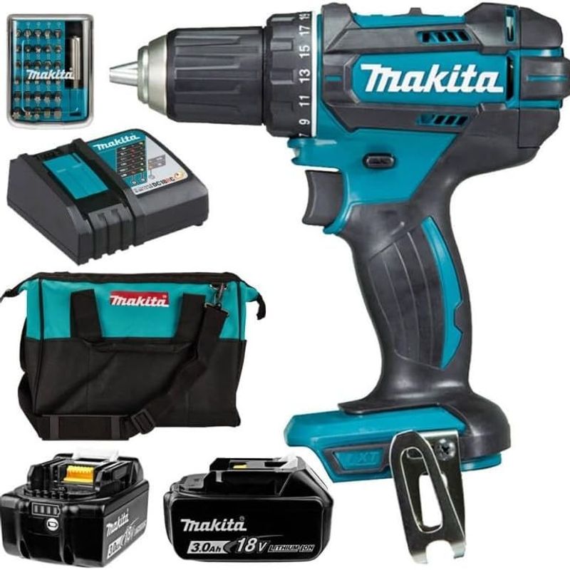 Makita Ddf482z Cordless Drill Driver With 2x 3ah Batteries And Charger + 18-piece Bit Set + Case