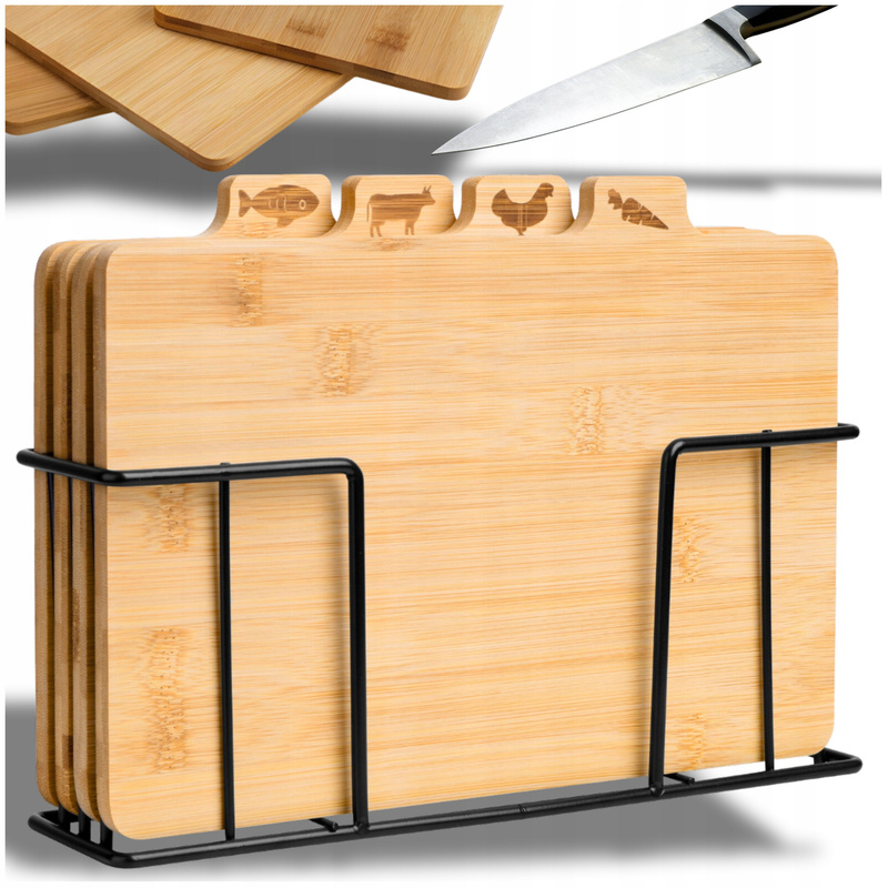 TEMU Set Of 4 Bamboo Cutting Boards On A Stand. Hygienic Food Preparation System With Product Labels: Vegetables Poultry Meat Fish. Hardwood Bamboo