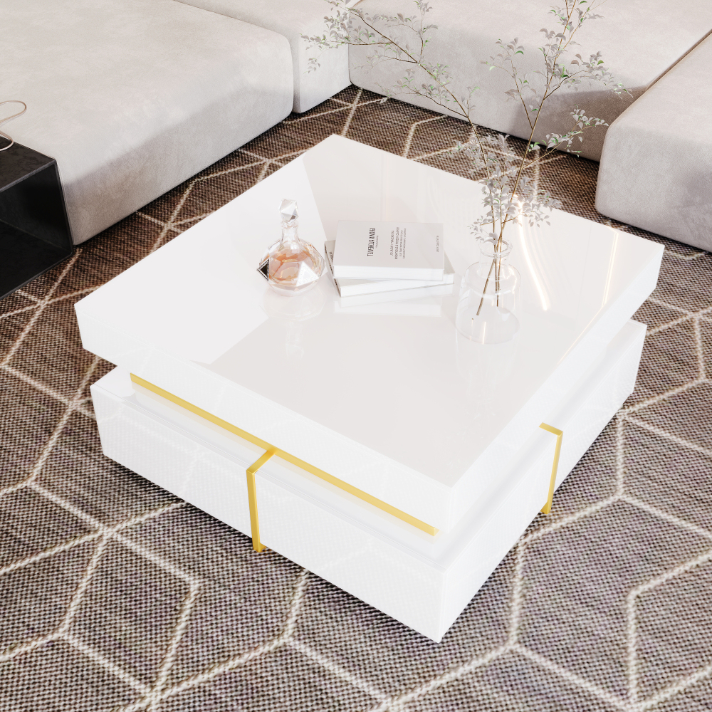 Image of Coffee Table With 2 Drawers & Golden Accents – Modern Side Table High Gloss 70x70 Cm – Room Table With Storage Space (35.5 Cm High)
