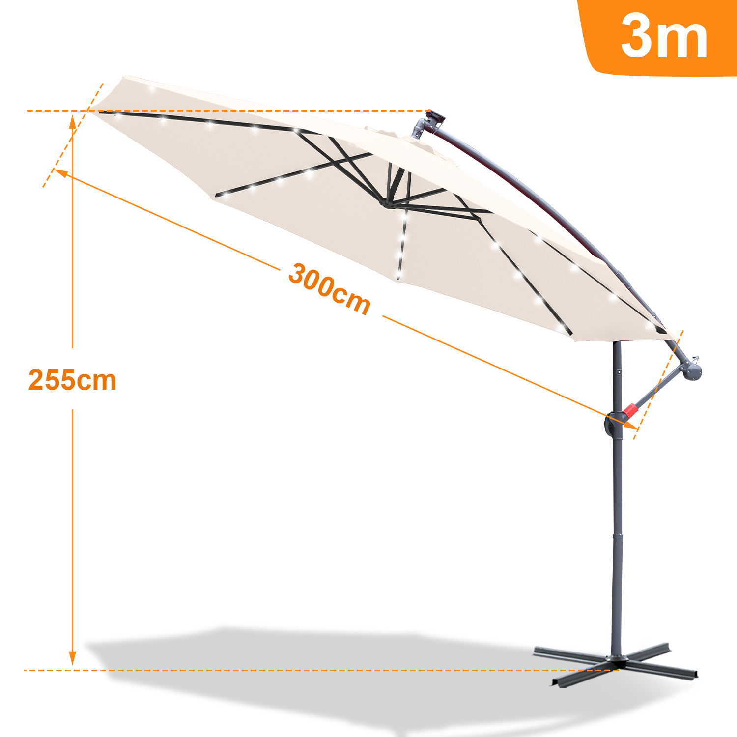Parasol, parasol cantilever, avec support et lumière, protection solaire, protection UV jusqu'à UV30+, ouverture et fermeture faciles, pour jardin, terrasse, 300 cm