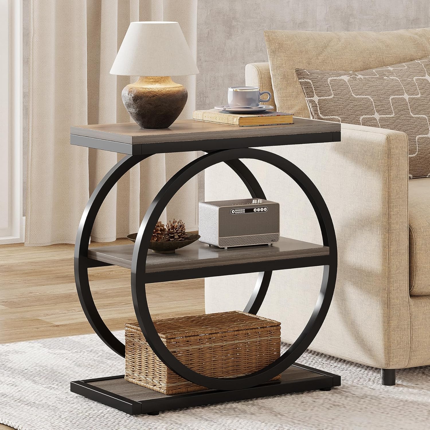 Vintage Narrow End Table With 3 Shelves, Farmhouse Wooden Side Table With Black Metal Frame, Industrial Small Sofa Table For Living Room, Grey Nightstand And Bedside Table For Bedroom