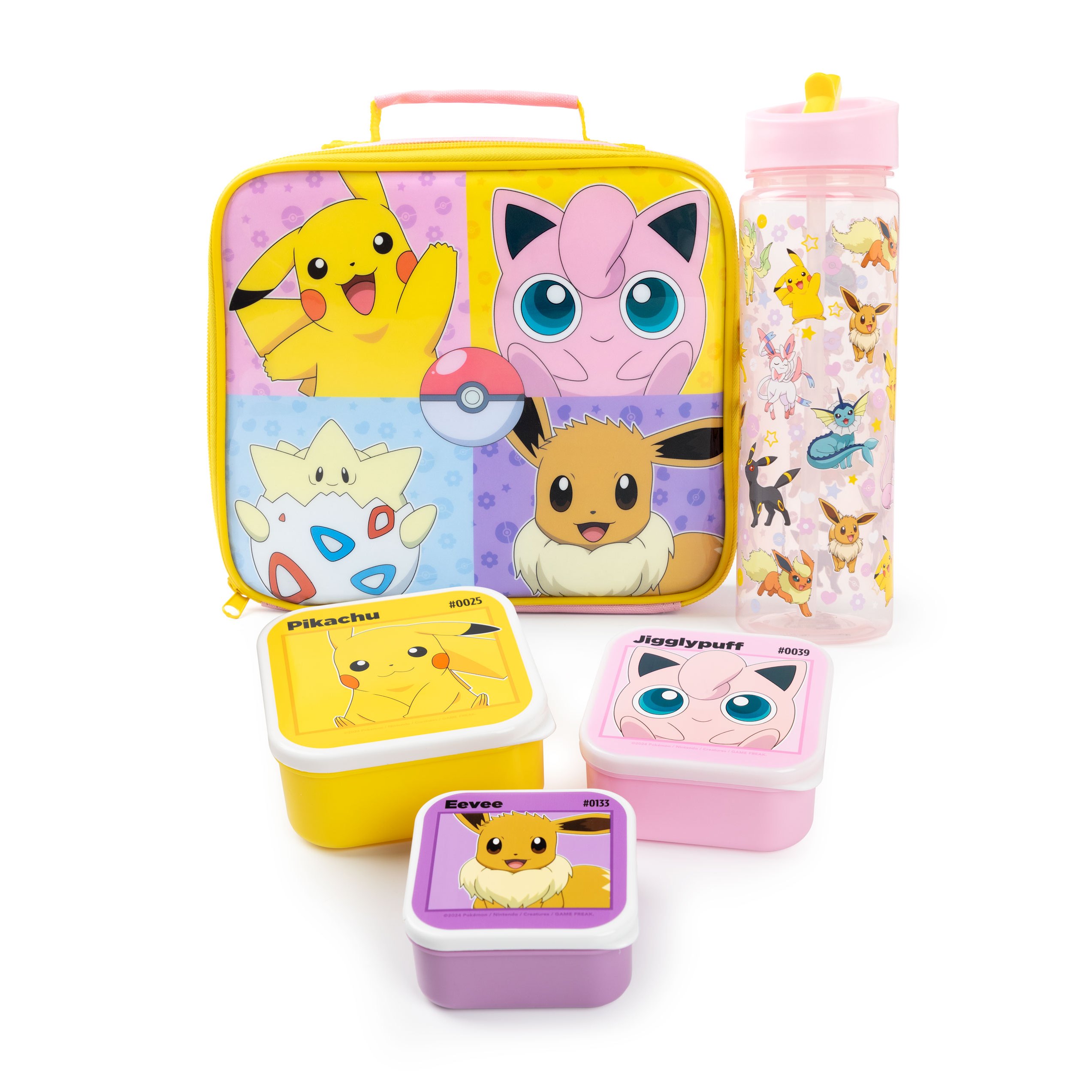 TEMU Girls Lunch Bag Set | Kids 5 Piece Zip Dinner Bag, Water Bottle And Snack Pot Bundle In Pink And Yellow | Pikachu, Puff, , Characters | Game Tv