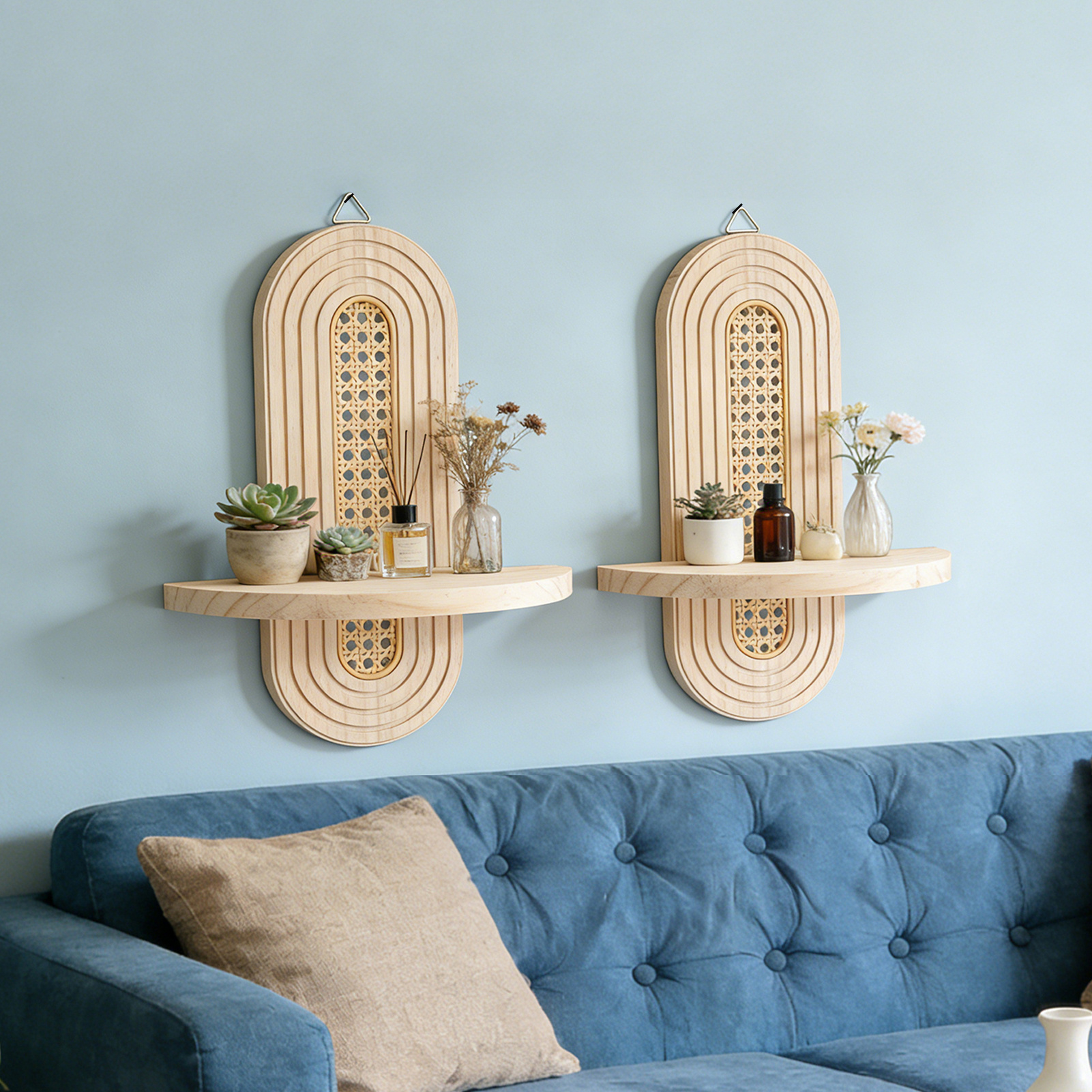 TEMU Set Of 2 Natural Wood Arched Rattan Shelf Wall Wood Decor Floating Wood Shelves Display Shelf Bookshelves Wooden Shelving Unit For Wall Shelves