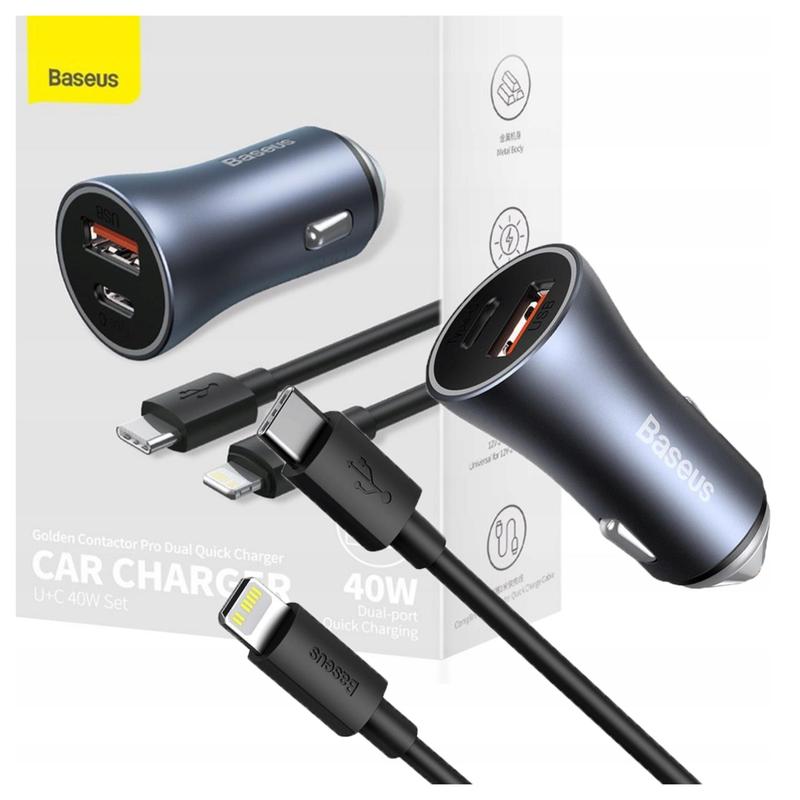 TEMU Car Charger 40w Usb + Usb-c - Fast Pd Charging, Qc4.0+, Scp, Compatible With Iphone, , Includes 1m Usb-c Cable, Gray, Durable Construction