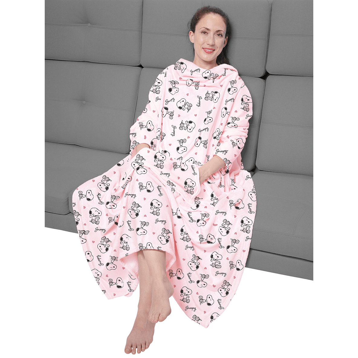 Image of The Tv Blanket Snoopy With Sleeves And Pockets Aop Plush Cuddly Blanket With Large Belly Blanket 130 X 170 Cm Pink