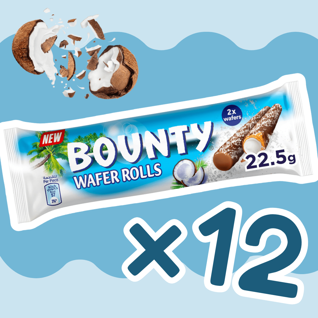 E-shop 12er Pack – Bounty Wafer Rolls| Knusprige Waffelröllchen mit Kokoscreme & Milchschokolade | 12x22, 5g