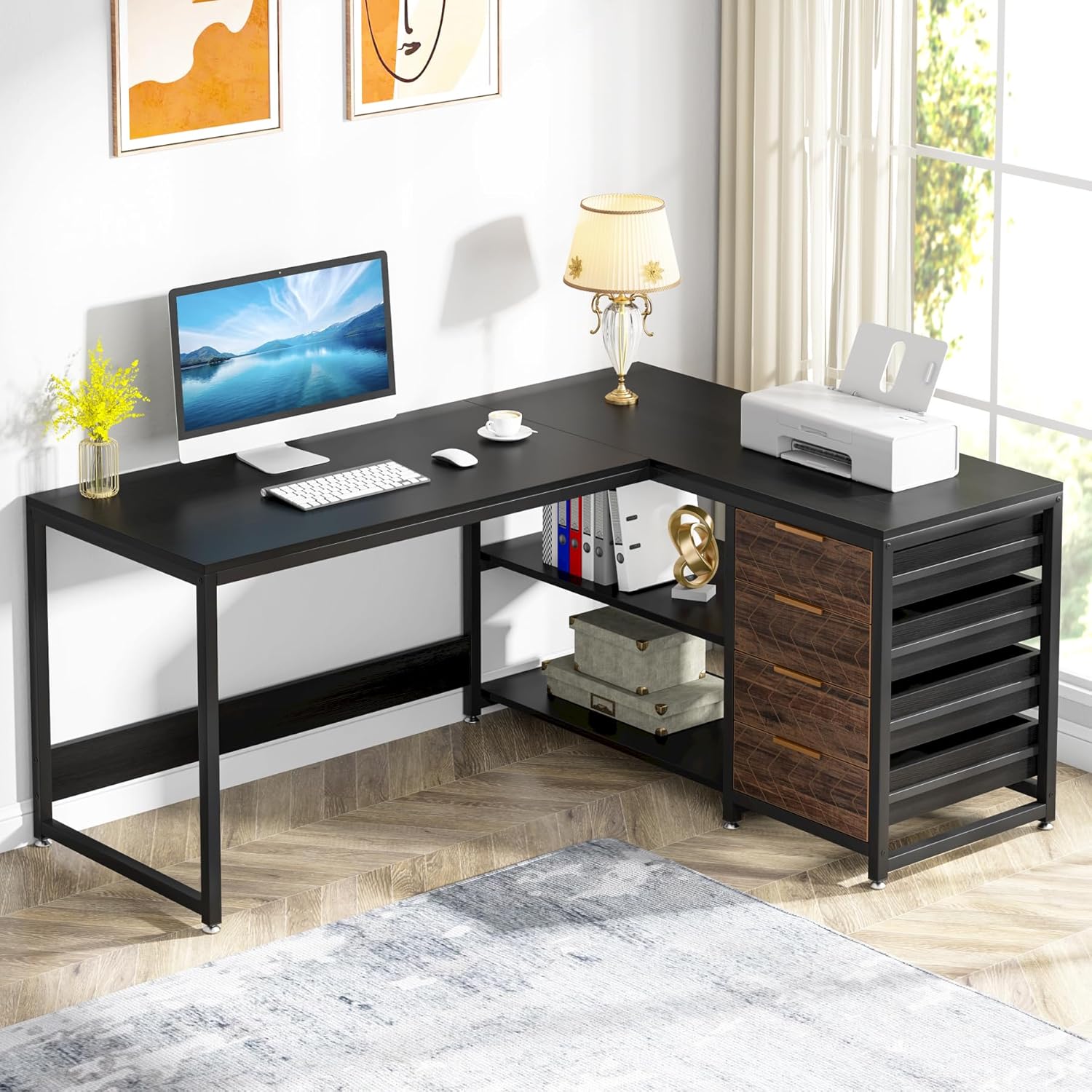 Modern L Shaped Computer Desk With Storage Drawers, Vintage 150 Cm With Shelves, Reversible L-shaped Office Desk Study Writing Table Workstation For Home Office