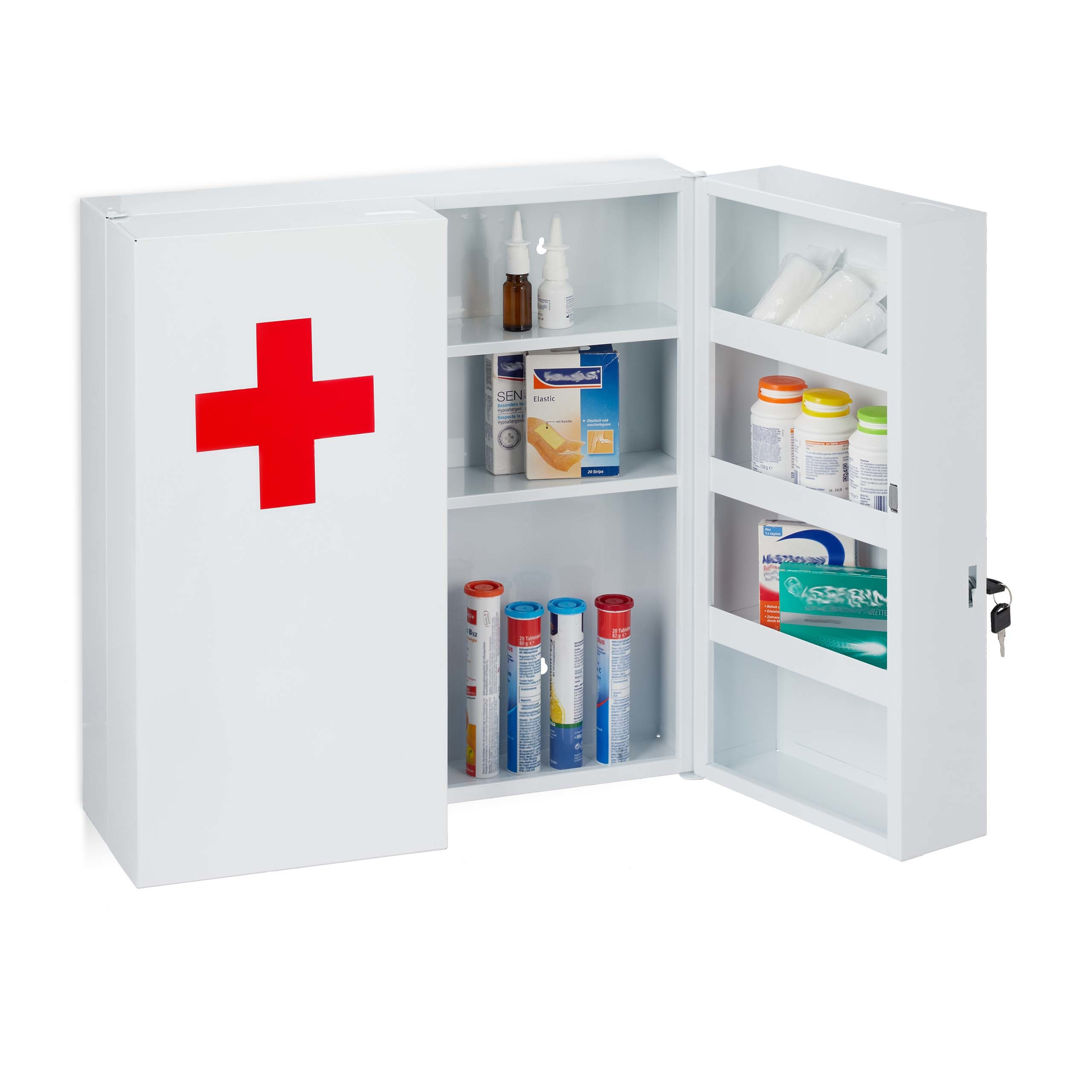 TEMU Xxl Medicine Cabinet, Closable, 2 Doors, 11 Compartments, Steel, 53.5 X 53 X 19 Cm, White And Red, Wall-mounted With Included Accessories, For