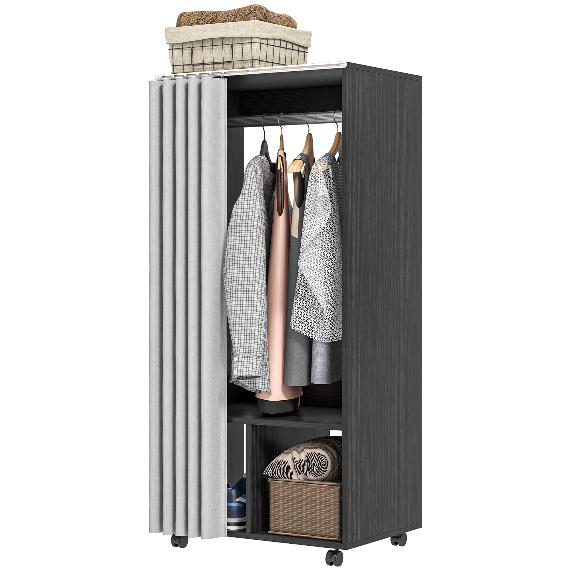 Homcom Mobile Wardrobe Closet With Curtain Storage Cabinet 4 Wheels With Hanging Rail And Shelves, Rolling Clothing Closet For Bedroom, 60 X 40 X 128 Cm, Black