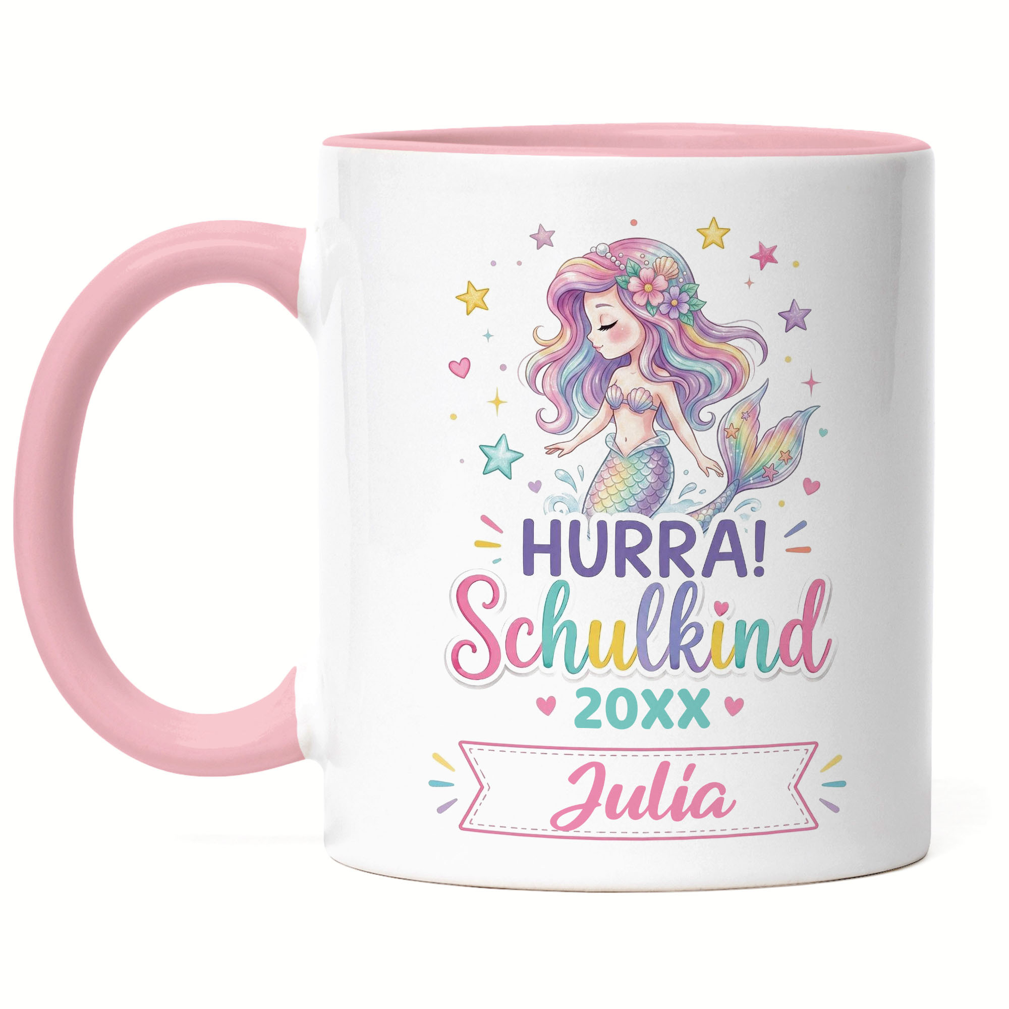 Image of Personalized Schoolchild Mug With Mermaid And Name, First Day Of School Gift For Girls , Unique School Coffee Mug - Pink Mug