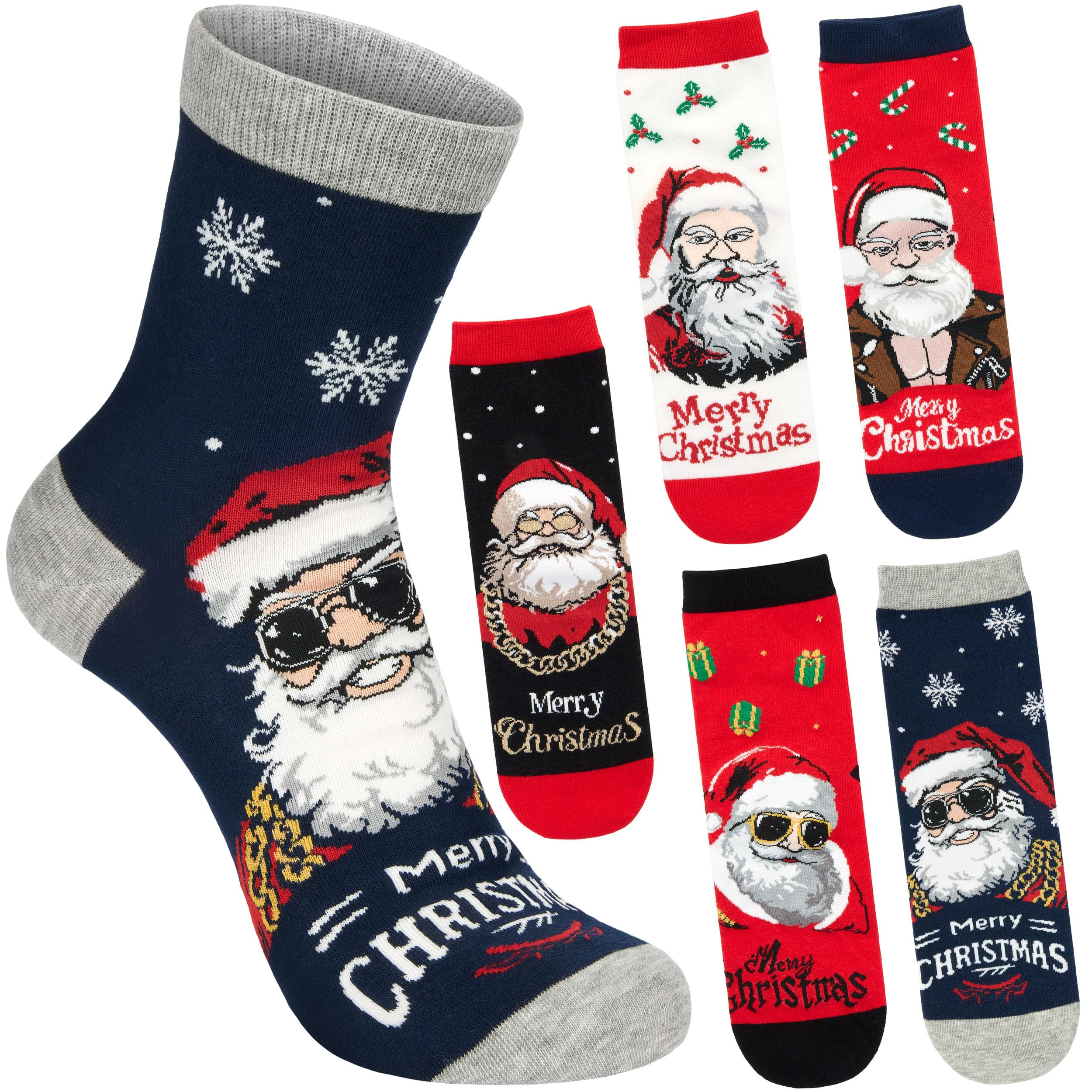 TEMU Brubaker 5 Pairs Of Christmas Socks - Cool Santa With Sunglasses & Leather Jacket - Funny Men's Christmas Socks - Colorful Santa Cotton Socks -