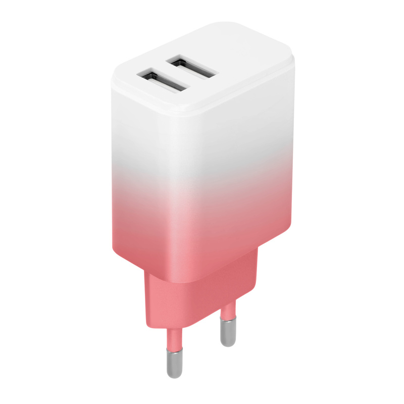 TEMU Chargeur de réseau 2X USB 18W LSIG-AA-20, Dégradé Blanc-Rose, Universel, Compact