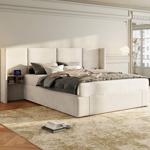 juego de cama moderno de 160 x 200 cm con 2 mesitas de noche en veta de madera, práctico almacenamiento hidráulico, base de listones de madera resistente y diseño que para dormitorio