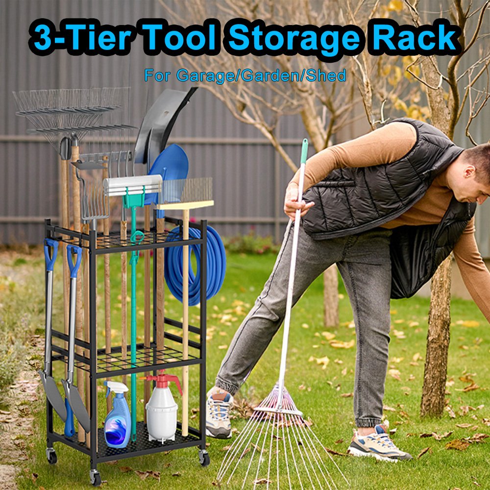 Rolling Lockable Garden Tool Storage Rack, Heavy Duty 3-tier Metal Organizer With Adjustable Hooks And Fixed Foot Pads, Portable Yard Equipment Holder For Garage & Shed