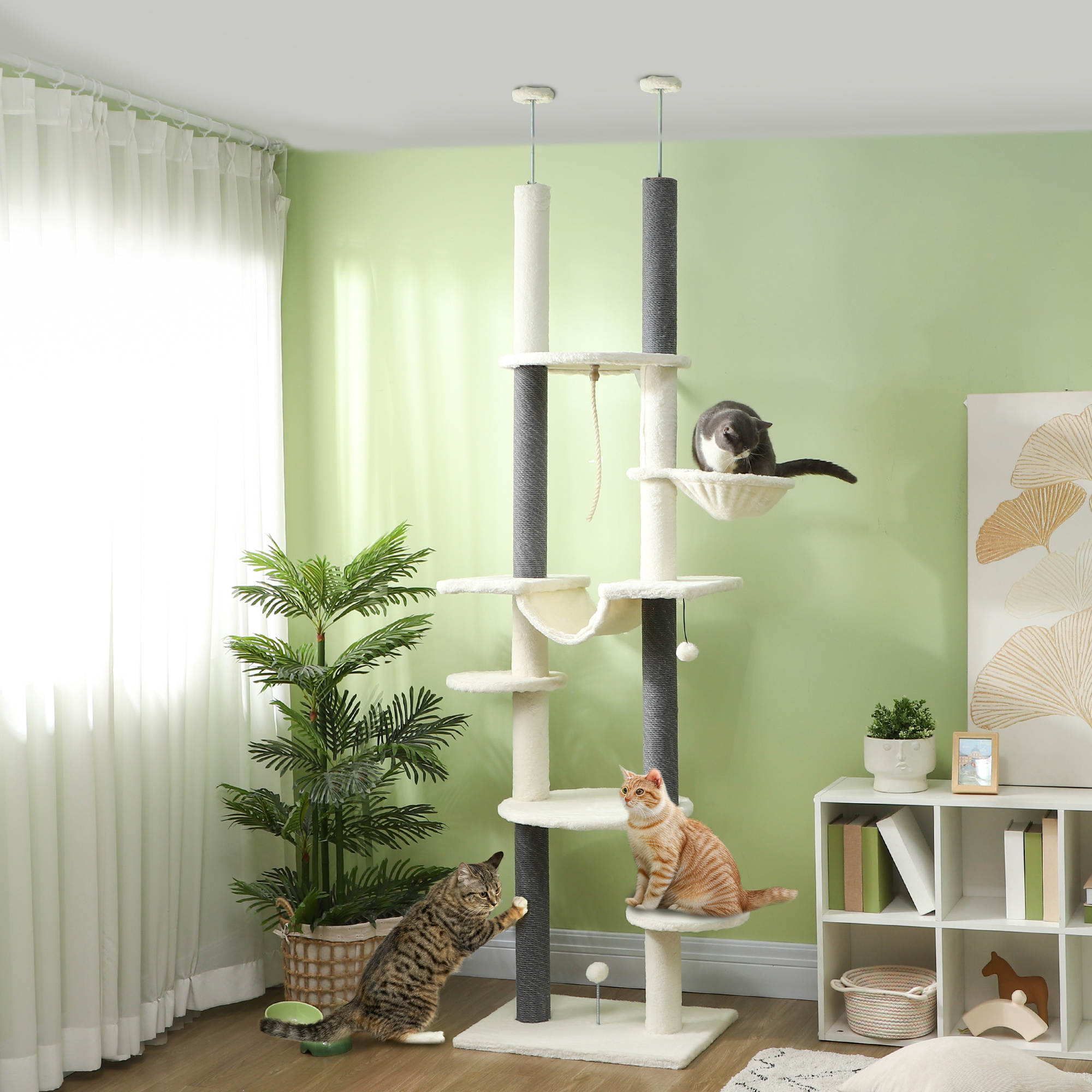 Scratching Tree Ceiling High 225-255 Cm Height Adjustable Cat Tower With 7 Levels Basket Platforms Hammock 3 Scratching Posts, Play Ball Cat Scratching Tree For Medium-sized Cats, White
