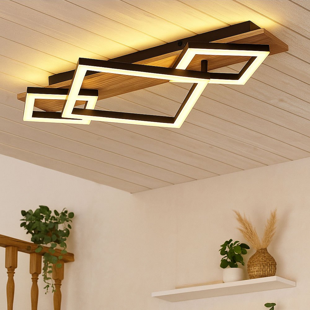 Image of Ceiling Light, Wooden Living Room Lamp, Metal, 24w 1000lm Warm White, Lxwxh 54x31.2x7.5 Cm