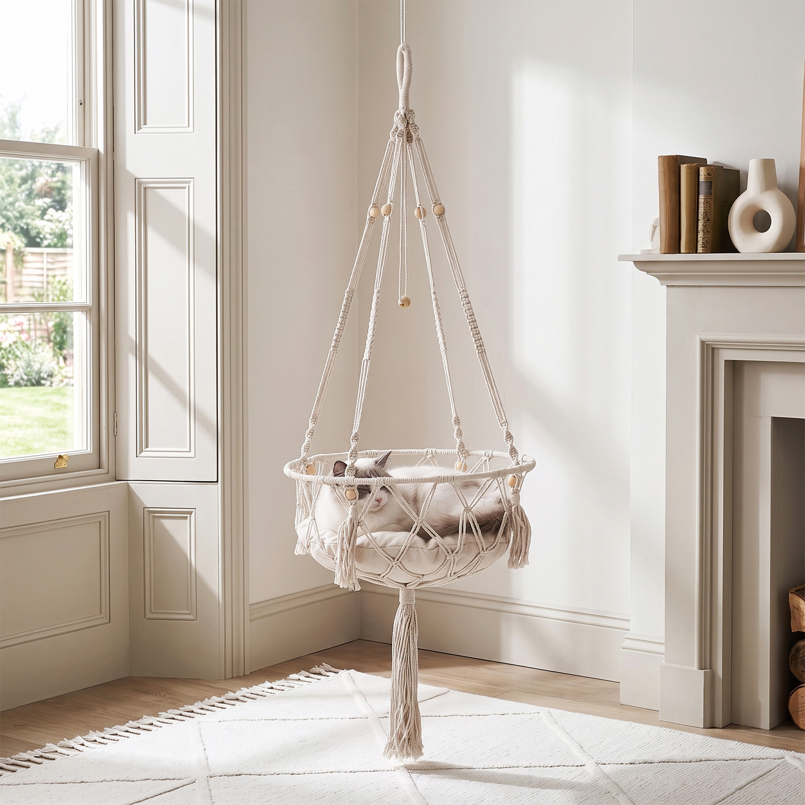 TEMU Hanging Cat Hammock Bed Large Cat Swing Basket Bed Pet Swing Sofa With Soft Bed Cushion For Indoor Window 113x40cm Creamy White